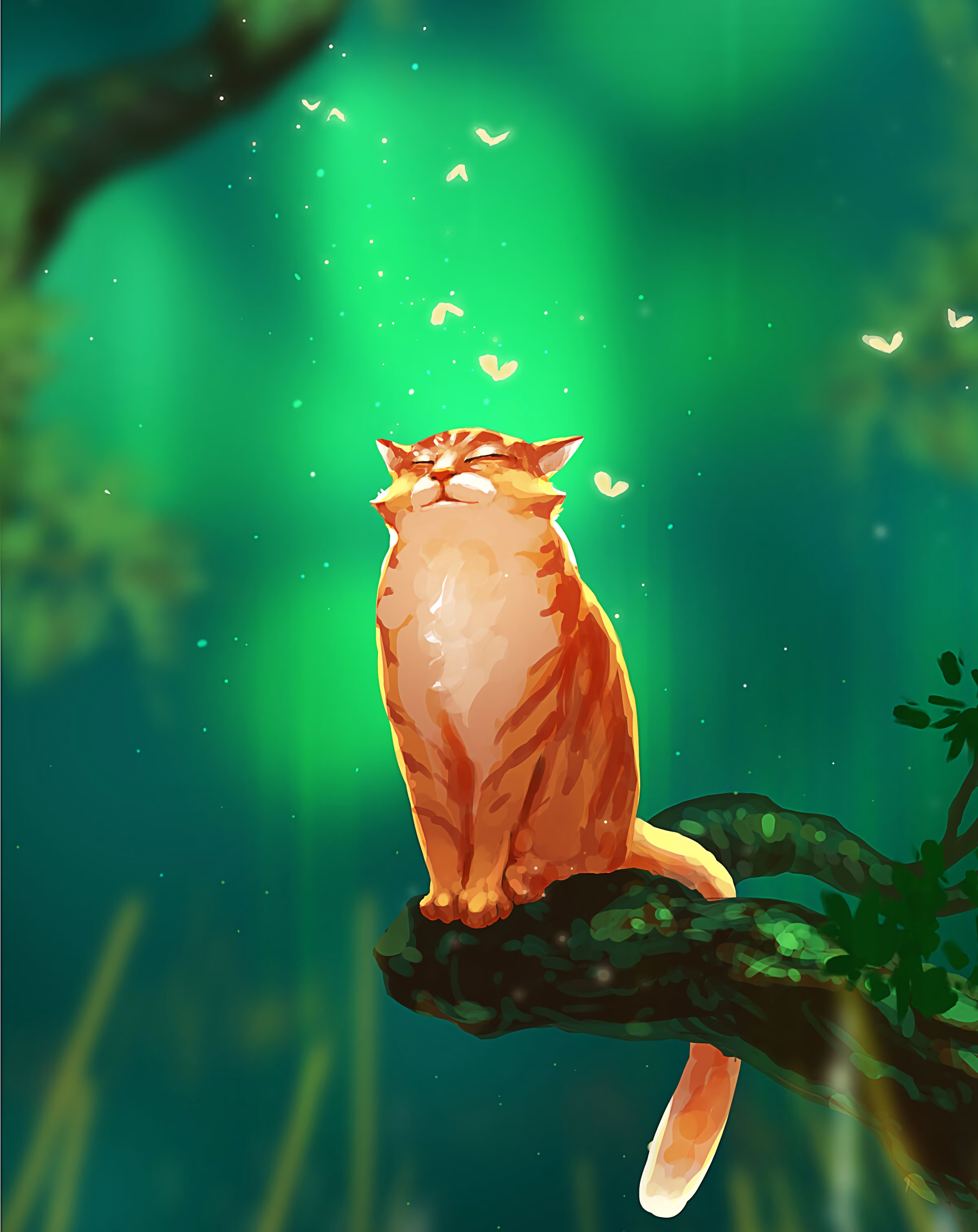 Фантастический рыжий кот сидит на ветке