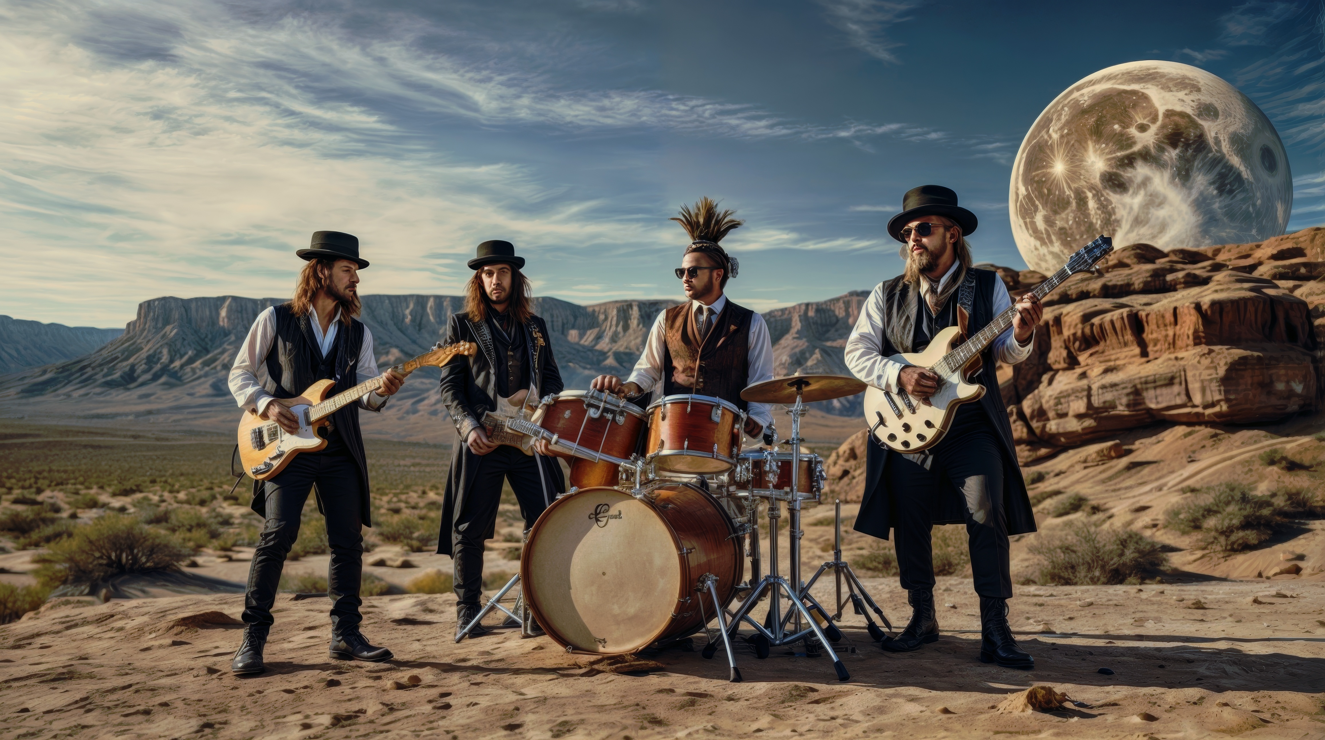 Three musicians stand in the desert against a backdrop of huge mountains.