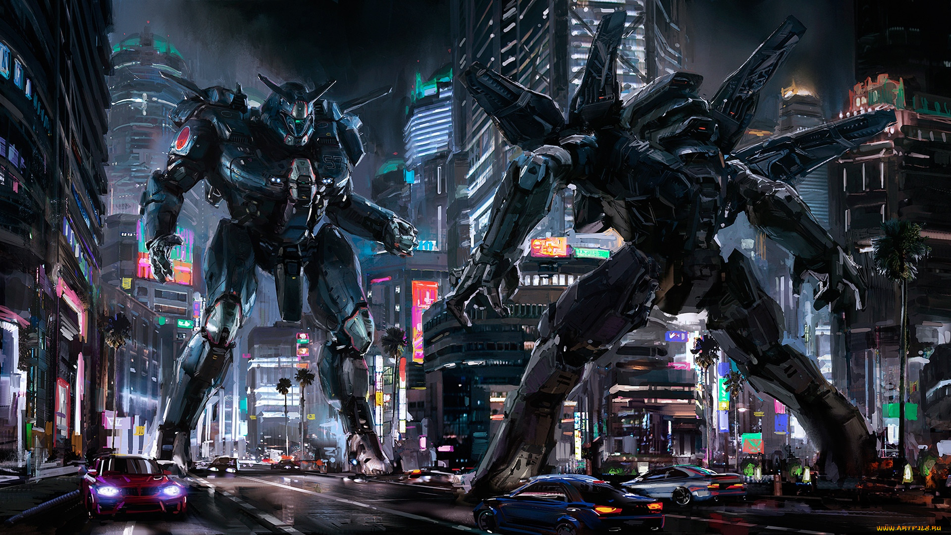 A duel on the streets of a metropolis at night.