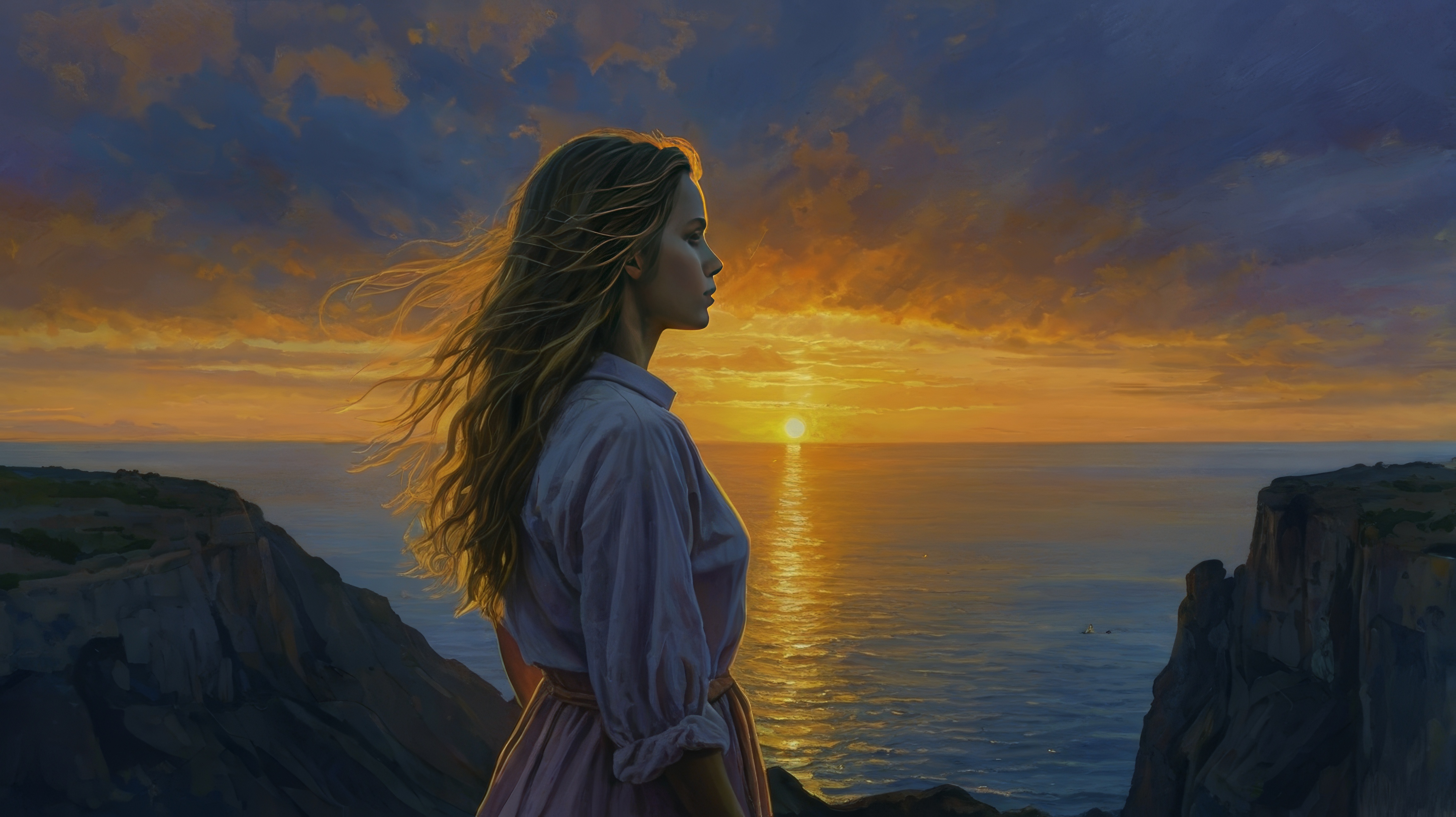 Картина с изображением женщины, смотрящей в воду