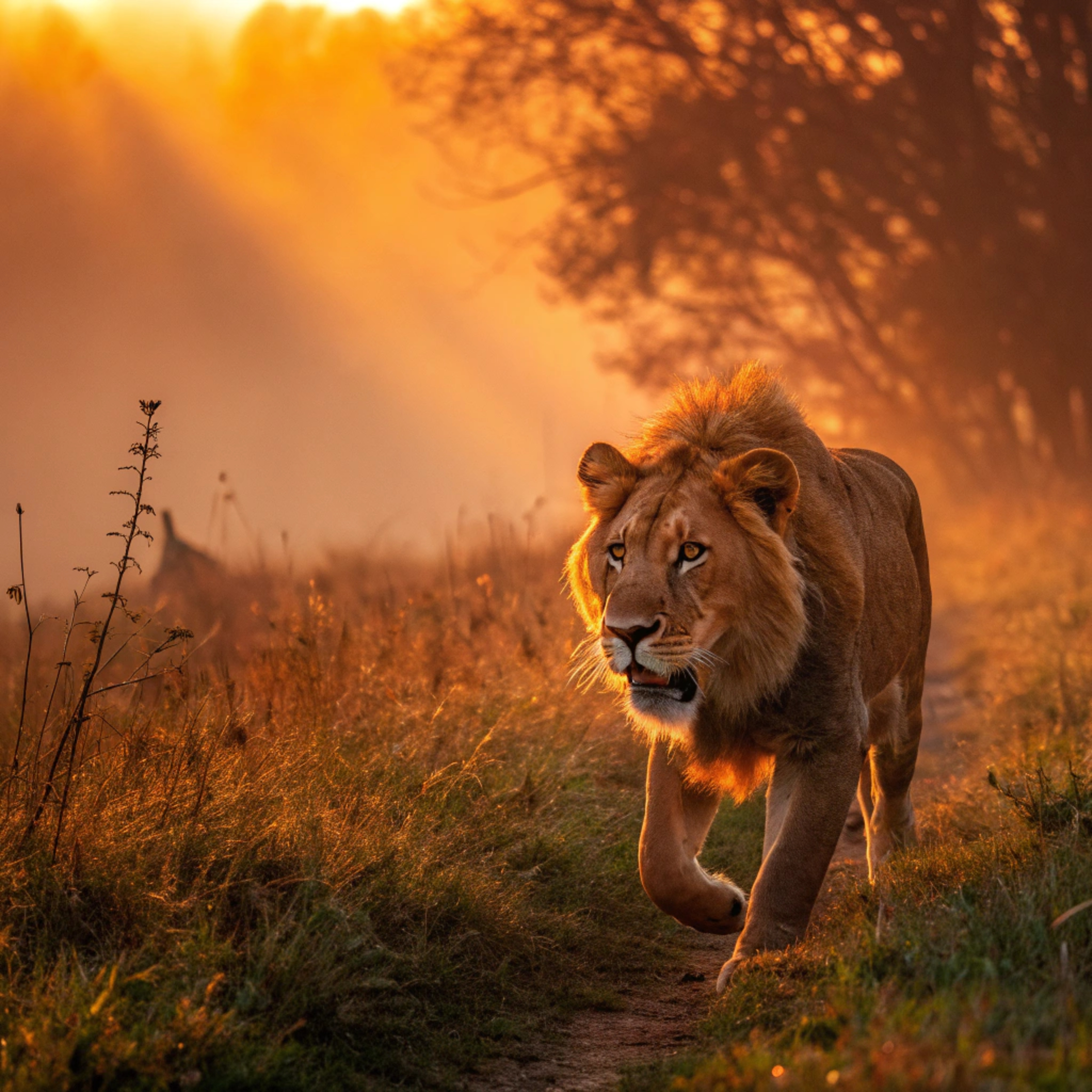 Бесплатное фото Лев, бегущий на закате