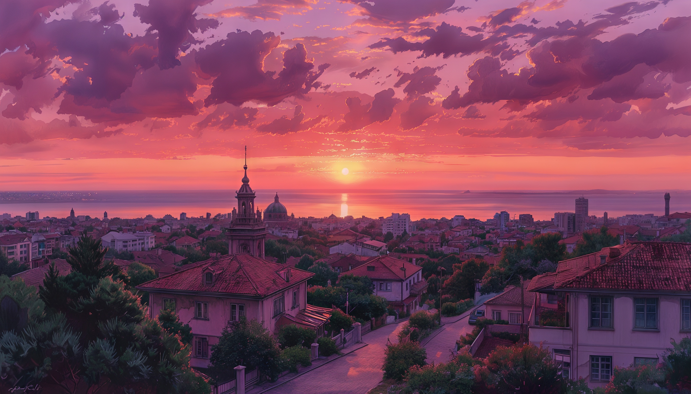 Закат над городом с церковью, красными крышами и современными зданиями на фоне моря и розового и фиолетового неба.