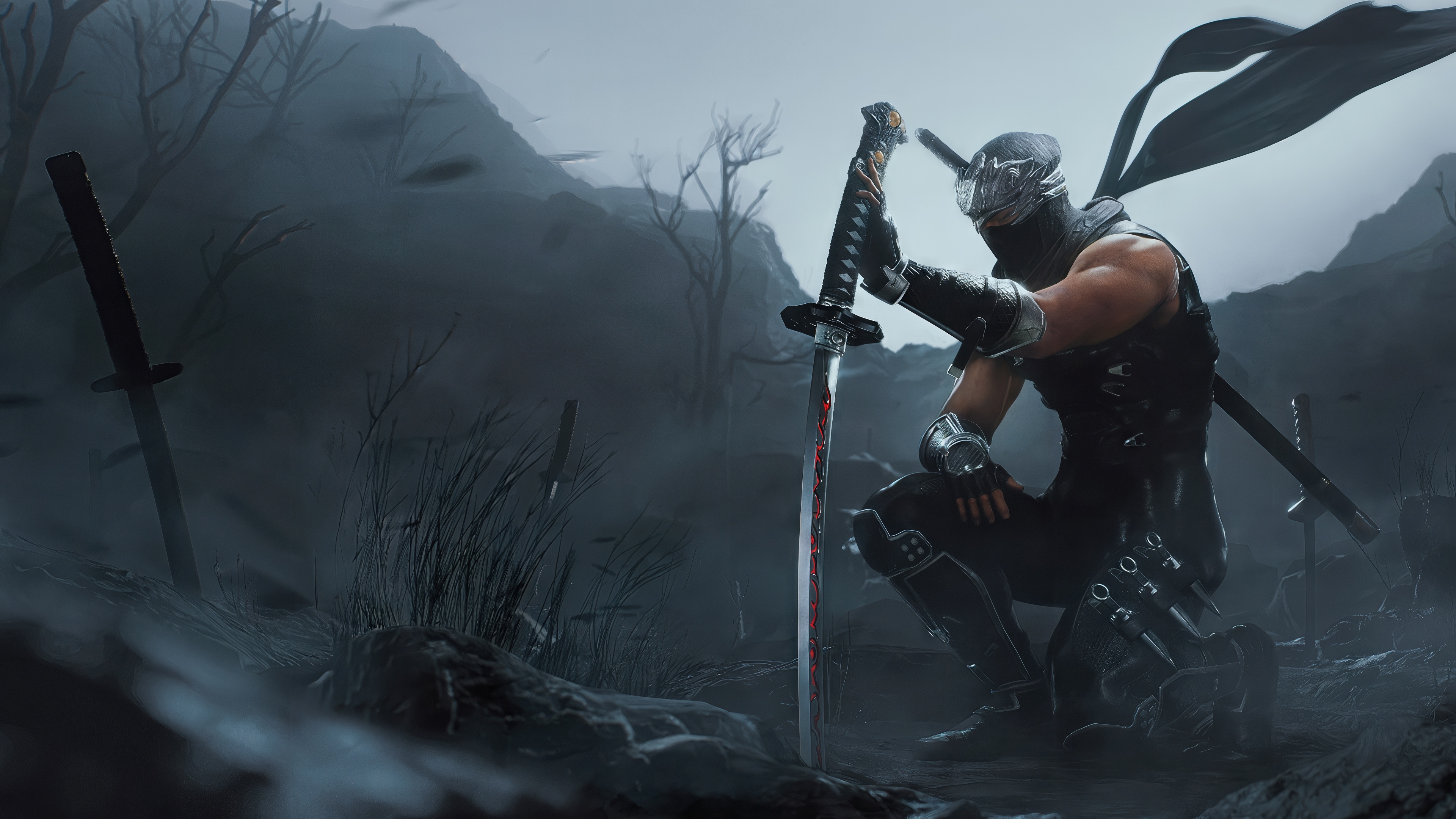 Free photo Ryu Hayabusa in a fighting stance among weapons in the fog
