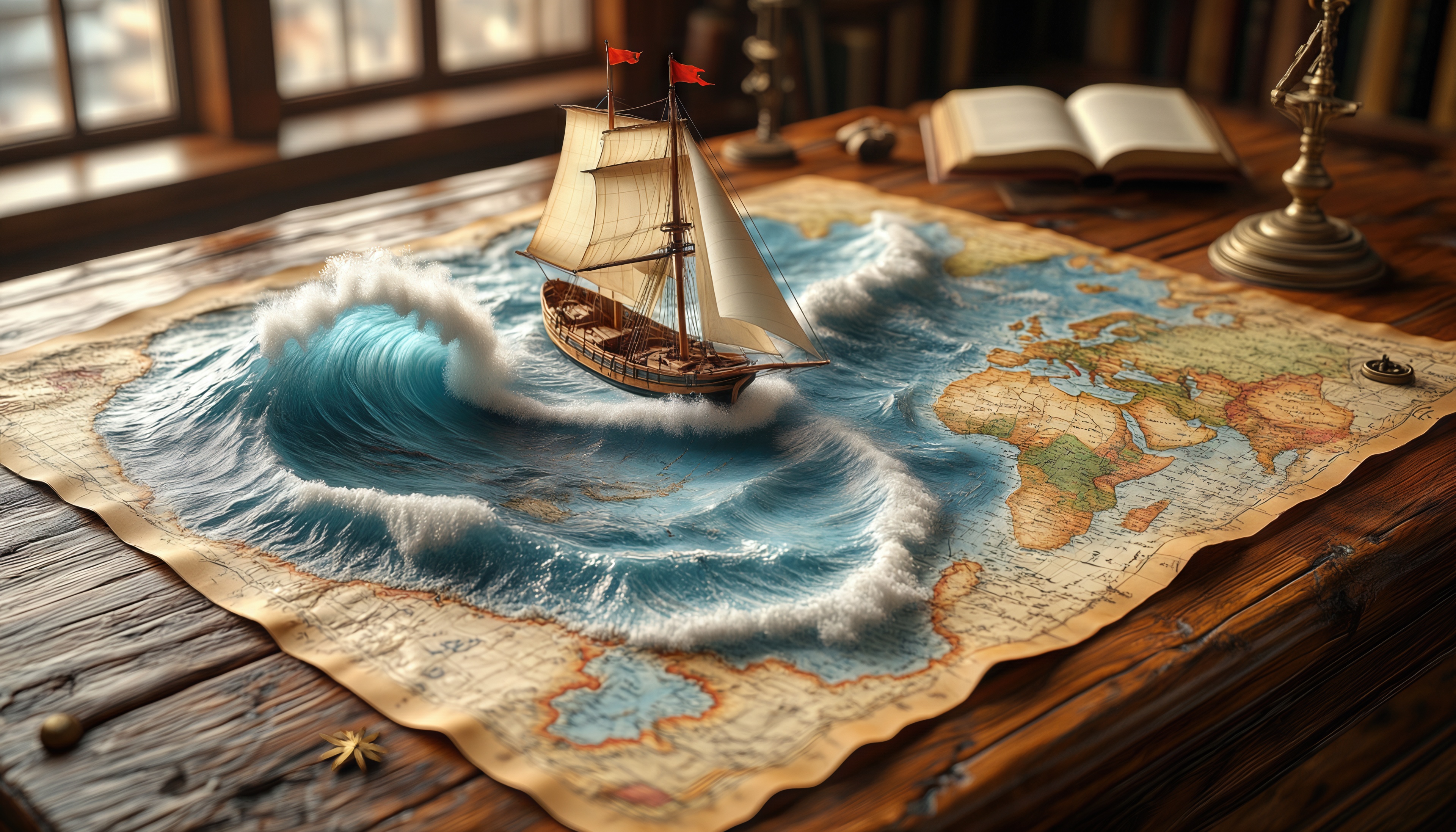 Бесплатное фото Старинная карта с волной и парусником, окружённая книгой, компасом и глобусом.