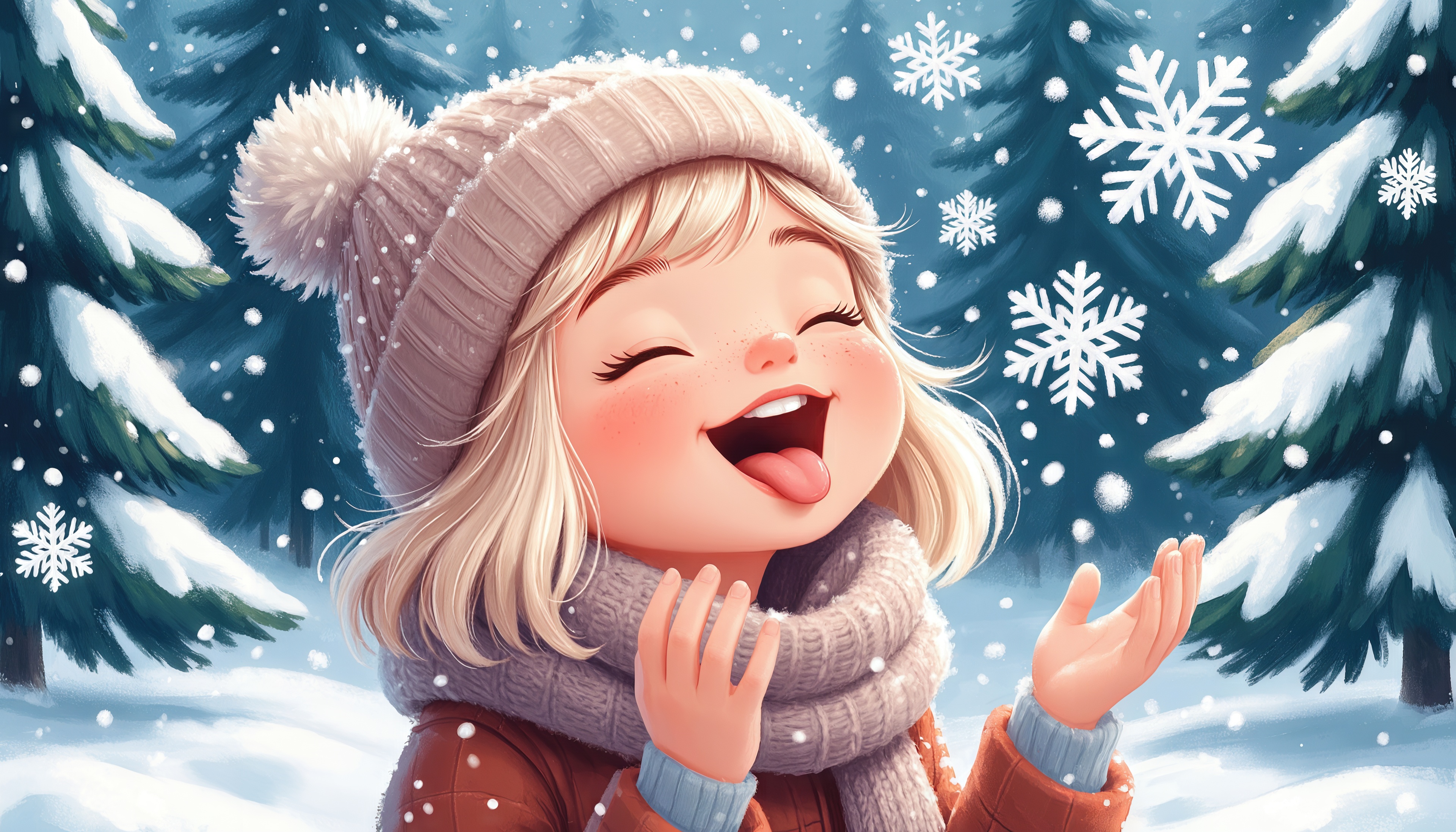 Бесплатное фото Весёлая зима: девочка ловит снежинки с улыбкой!