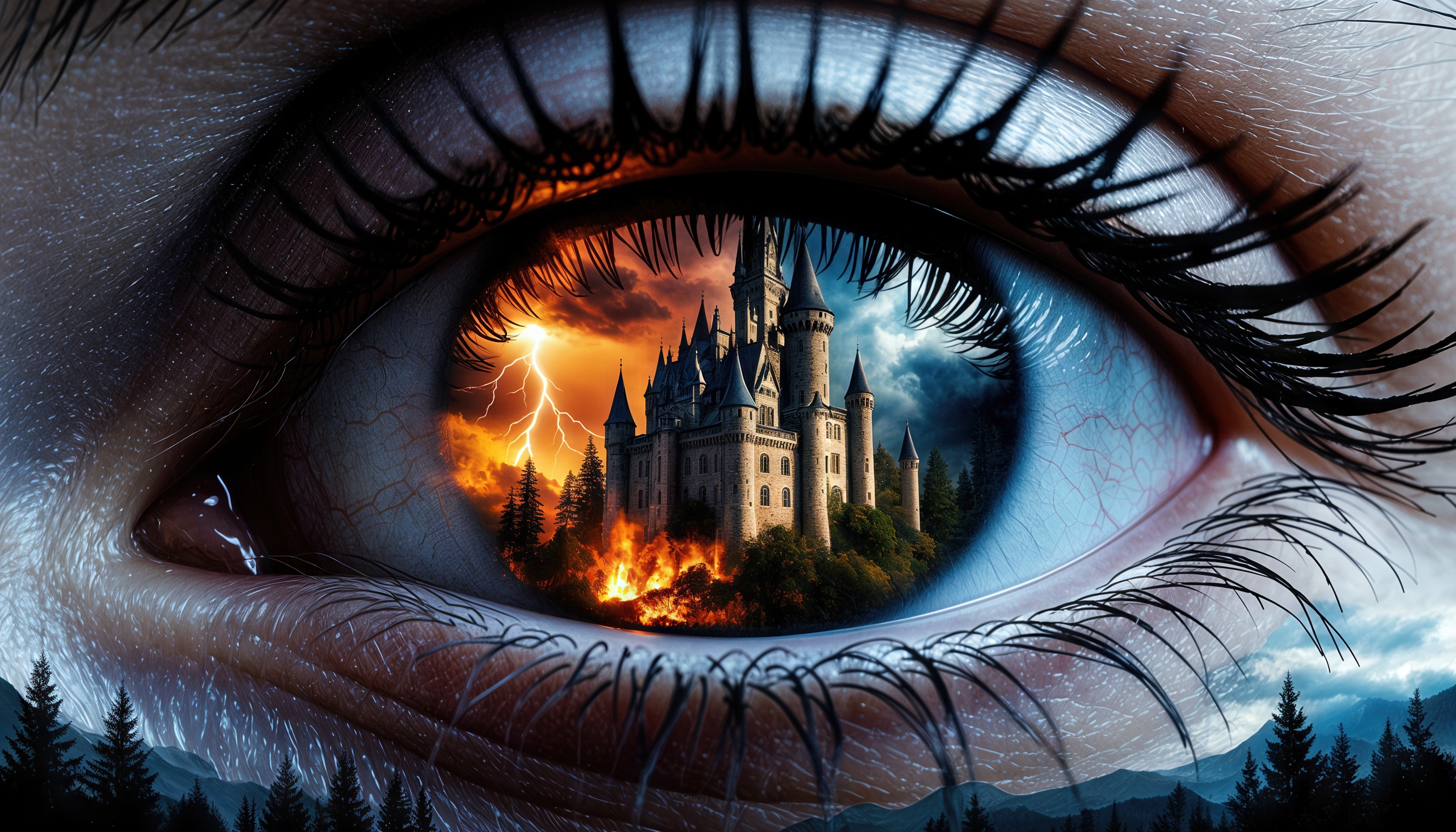 一只眼睛，映照出一座被火焰和闪电吞噬的城堡。
