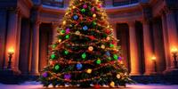 Величественная новогодняя ёлка в сиянии гирлянд перед колонным зданием.
