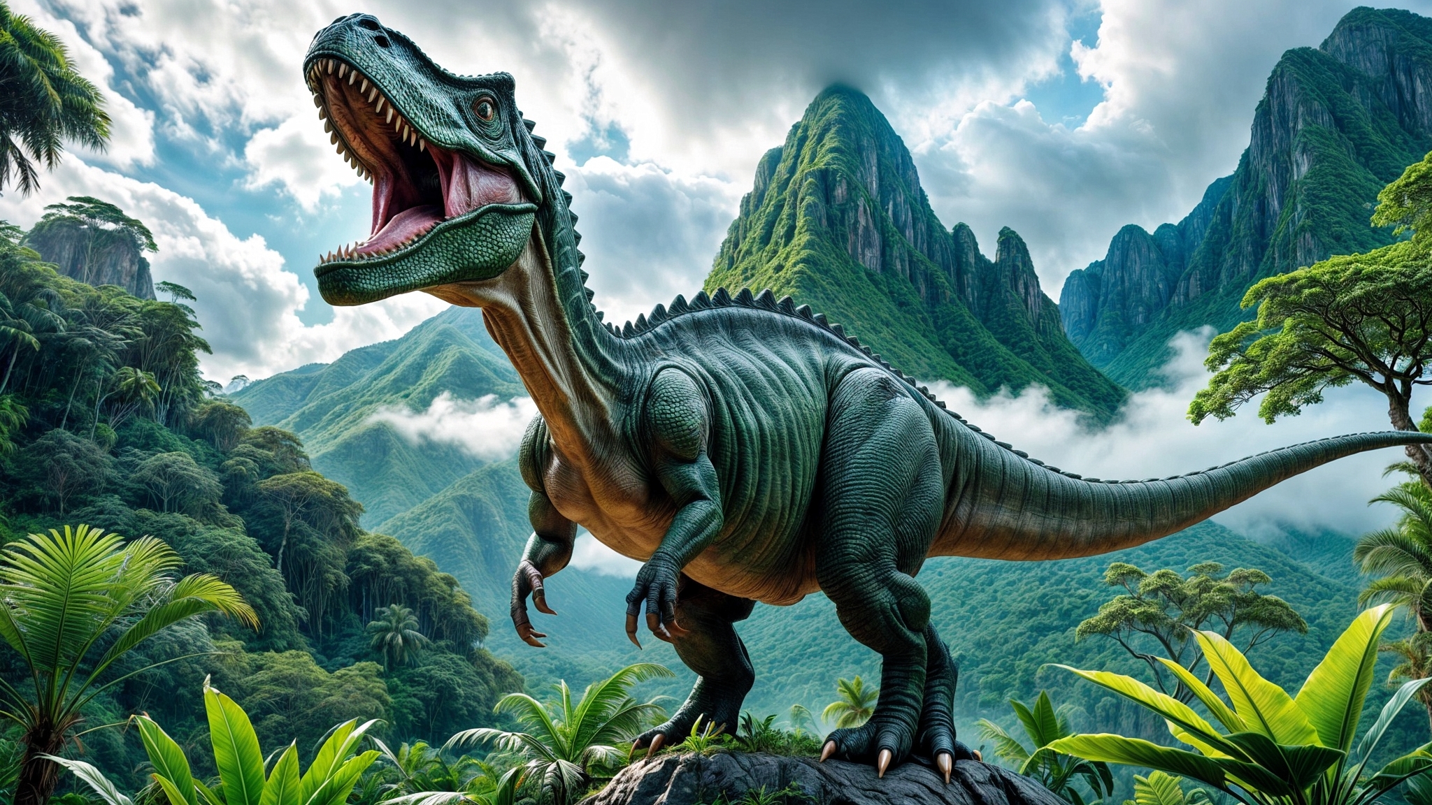 A predatory dinosaur against a mountain backdrop.