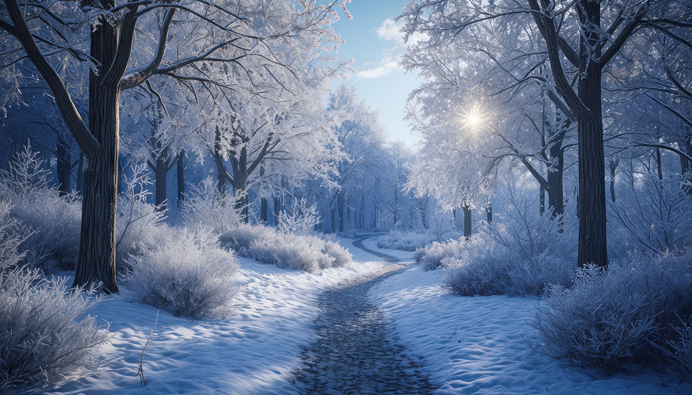 Тропинка по заснеженному лесу.