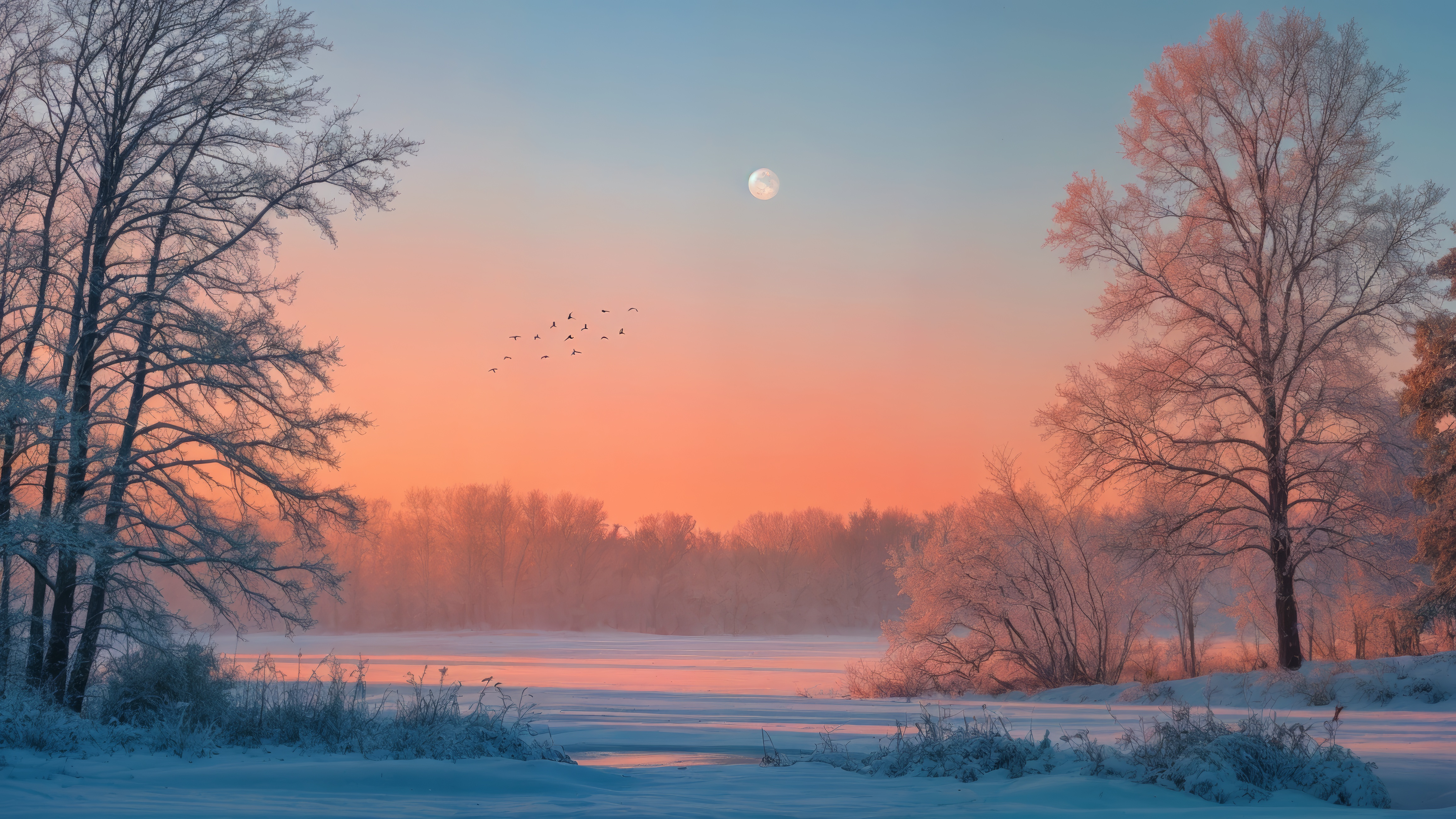Бесплатное фото Солнце садится на фоне заснеженного поля с деревьями и птицами