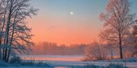 Солнце садится на фоне заснеженного поля с деревьями и птицами