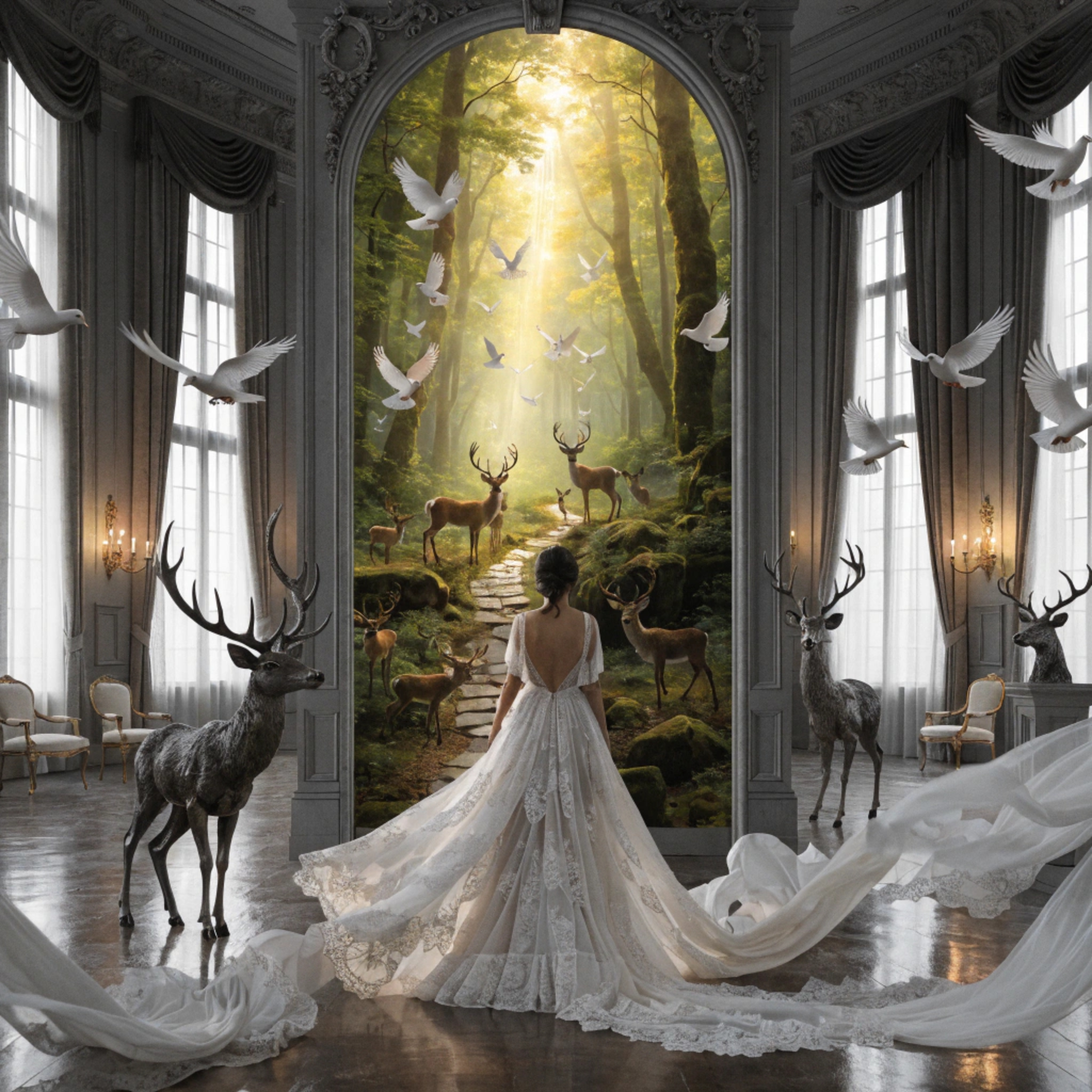 Бесплатное фото Картина, олени, девушка, птицы, отражеине