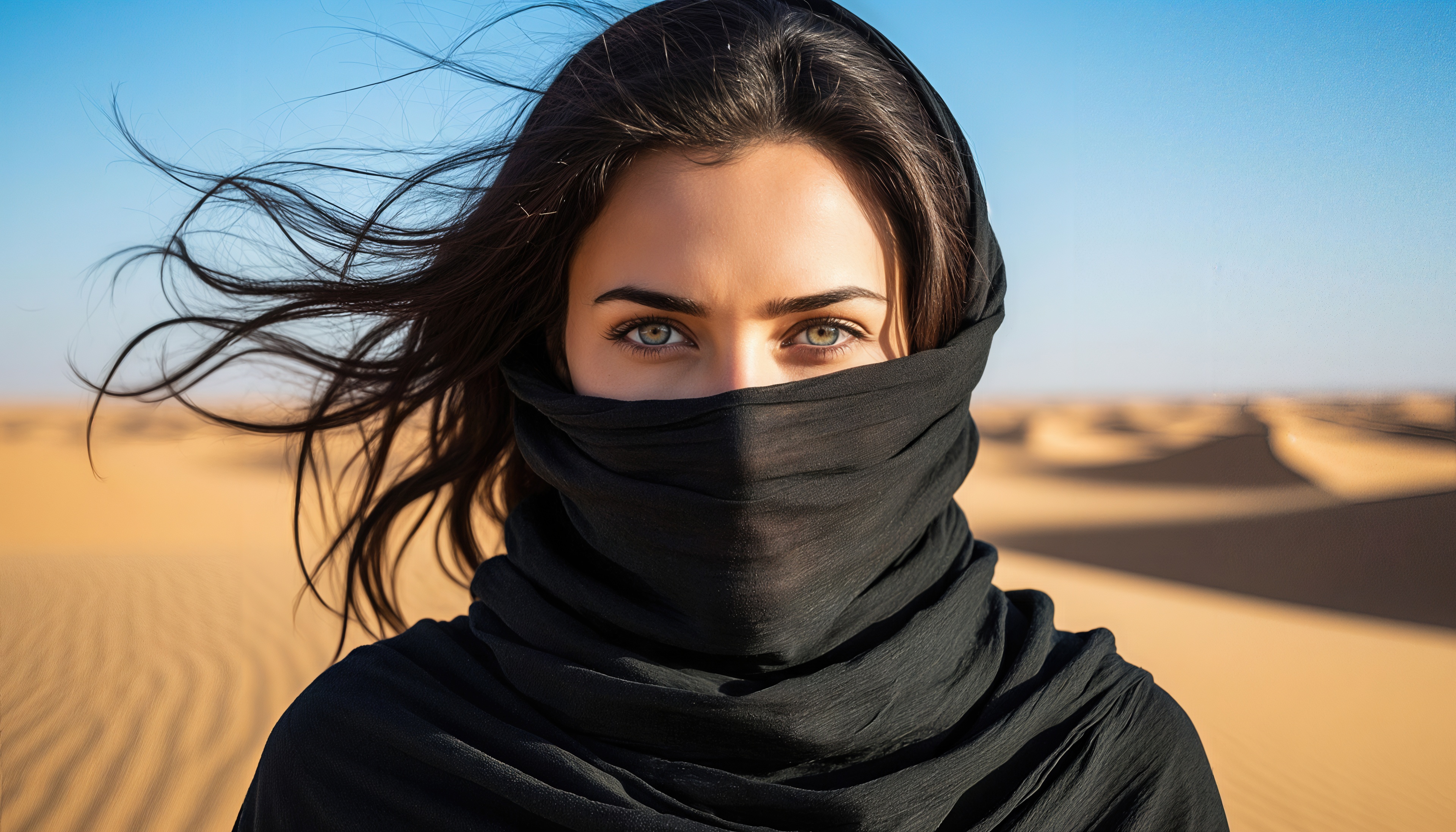 Free photo A woman with dark hair, her face covered with a cloth, is in the desert against the background of sand dunes.