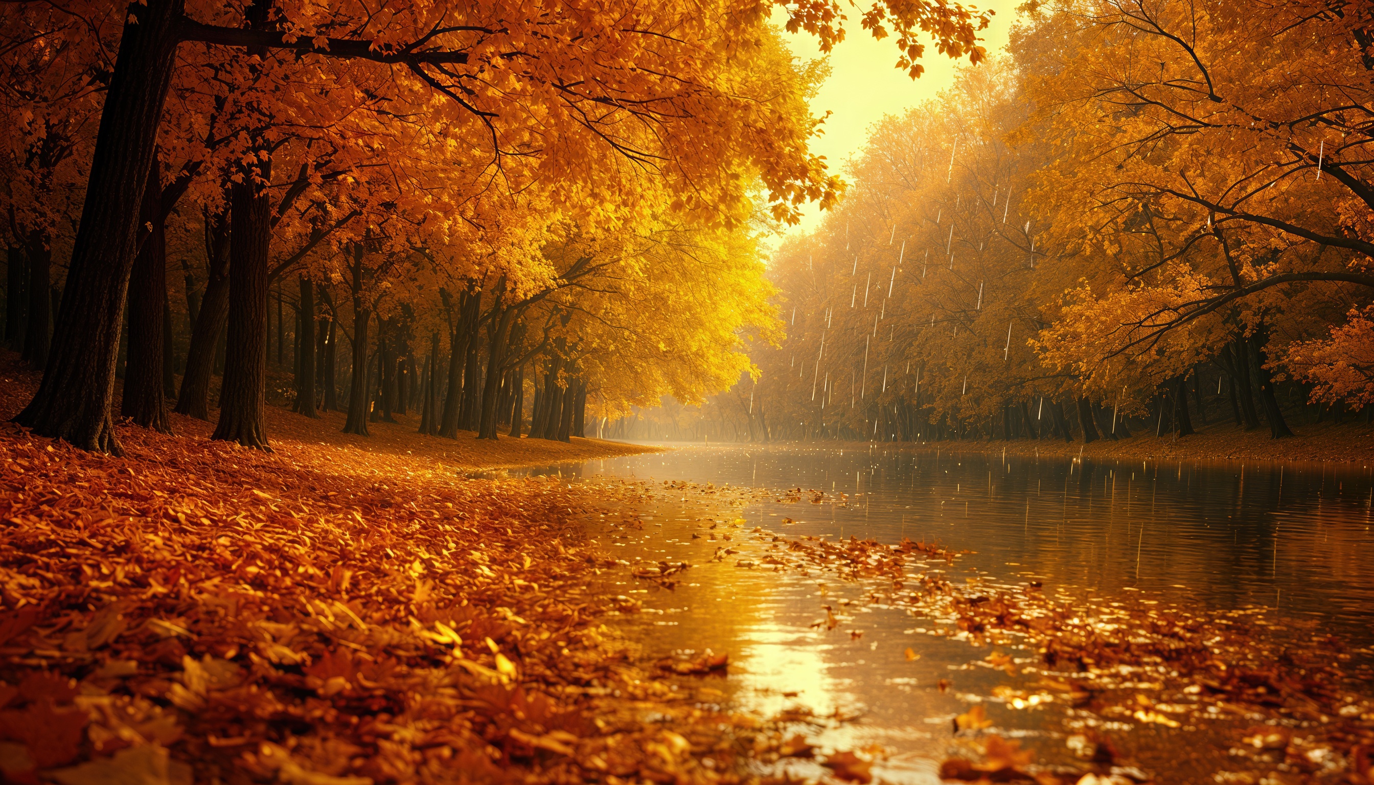 Осенний пейзаж с деревьями, желтой листвой, водоемом и солнечным светом.