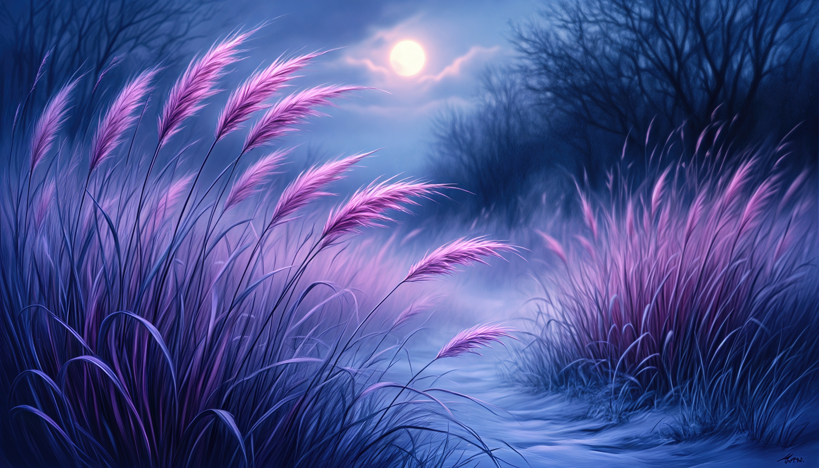Бесплатное фото Ночной пейзаж с камышом, освещенным лунным светом, в синих и фиолетовых тонах.