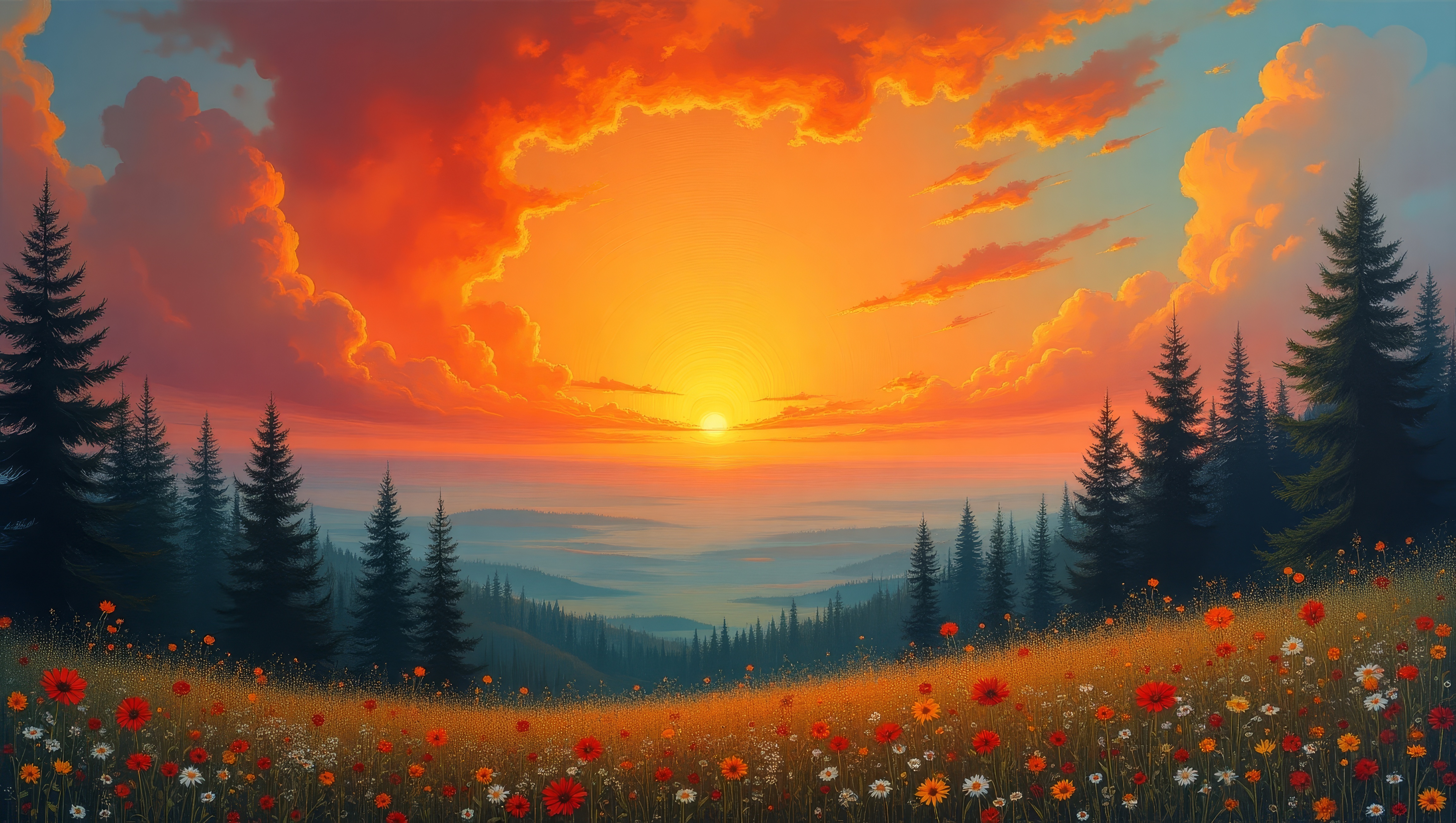 Картина красочная, на ней изображено оранжевое солнце с облаками на небе.