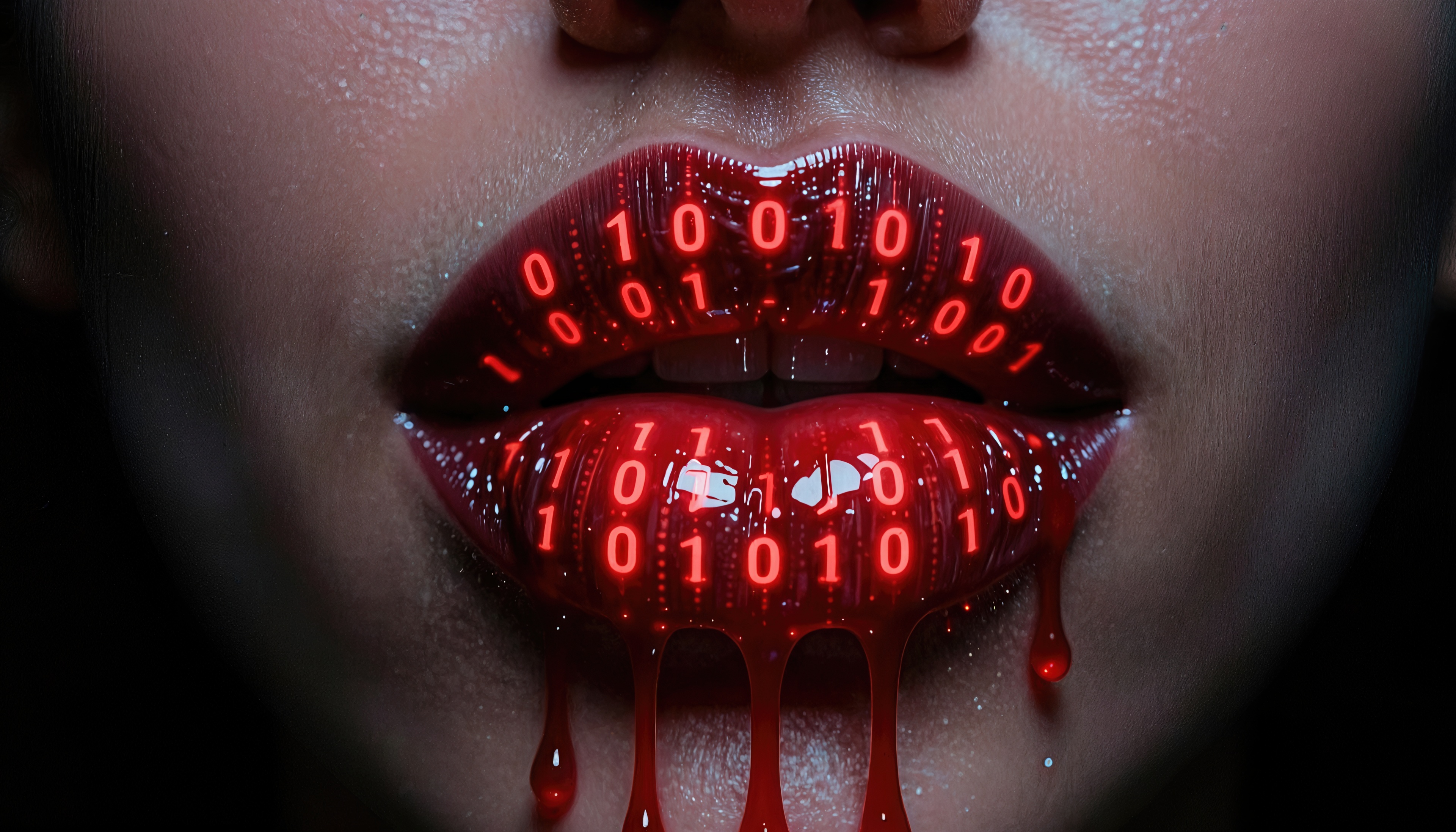 Free photo Red lips with binary code, the effect of flowing liquid - cyber aesthetics.
