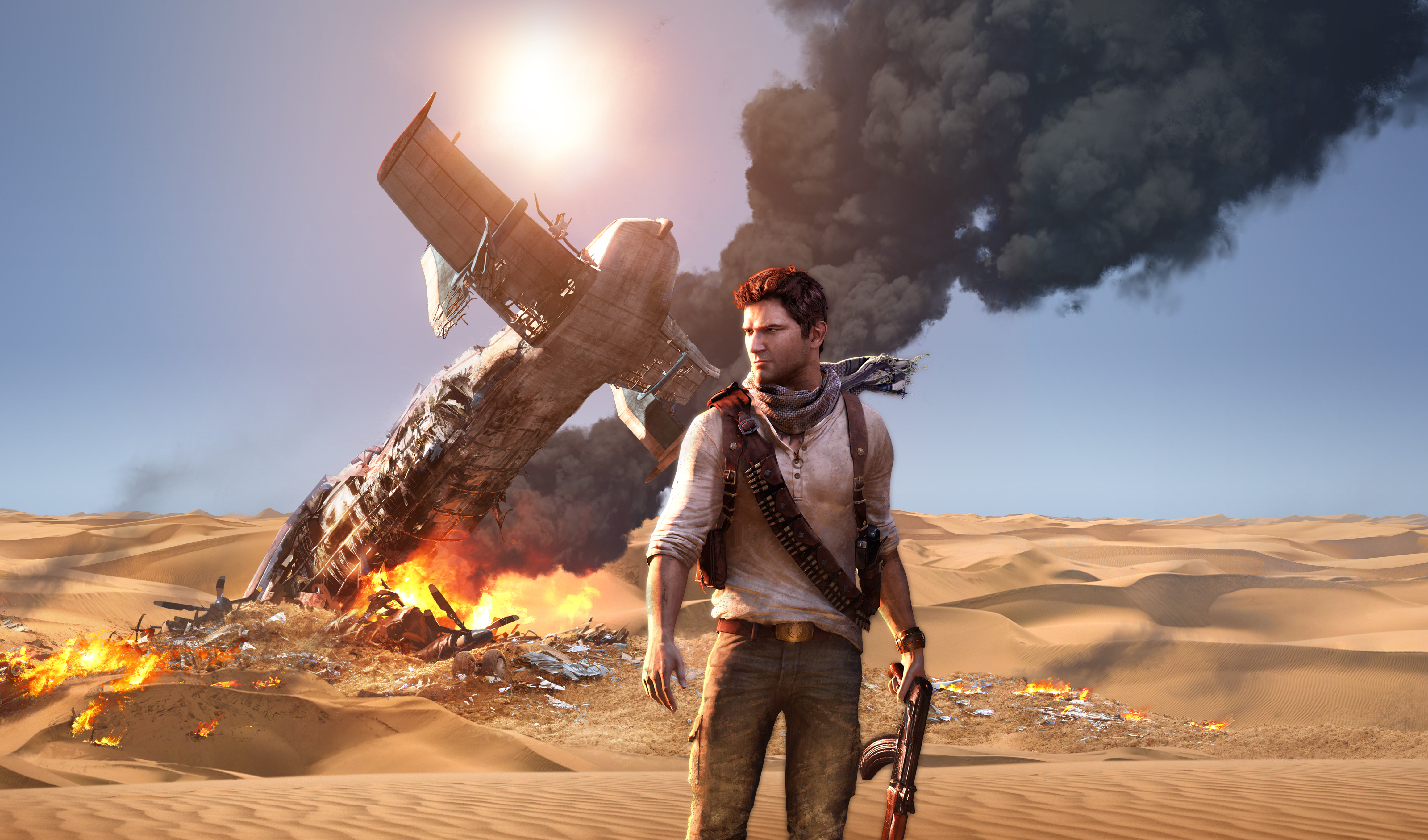 Free photo A downed airplane in the desert in the game uncharted 4