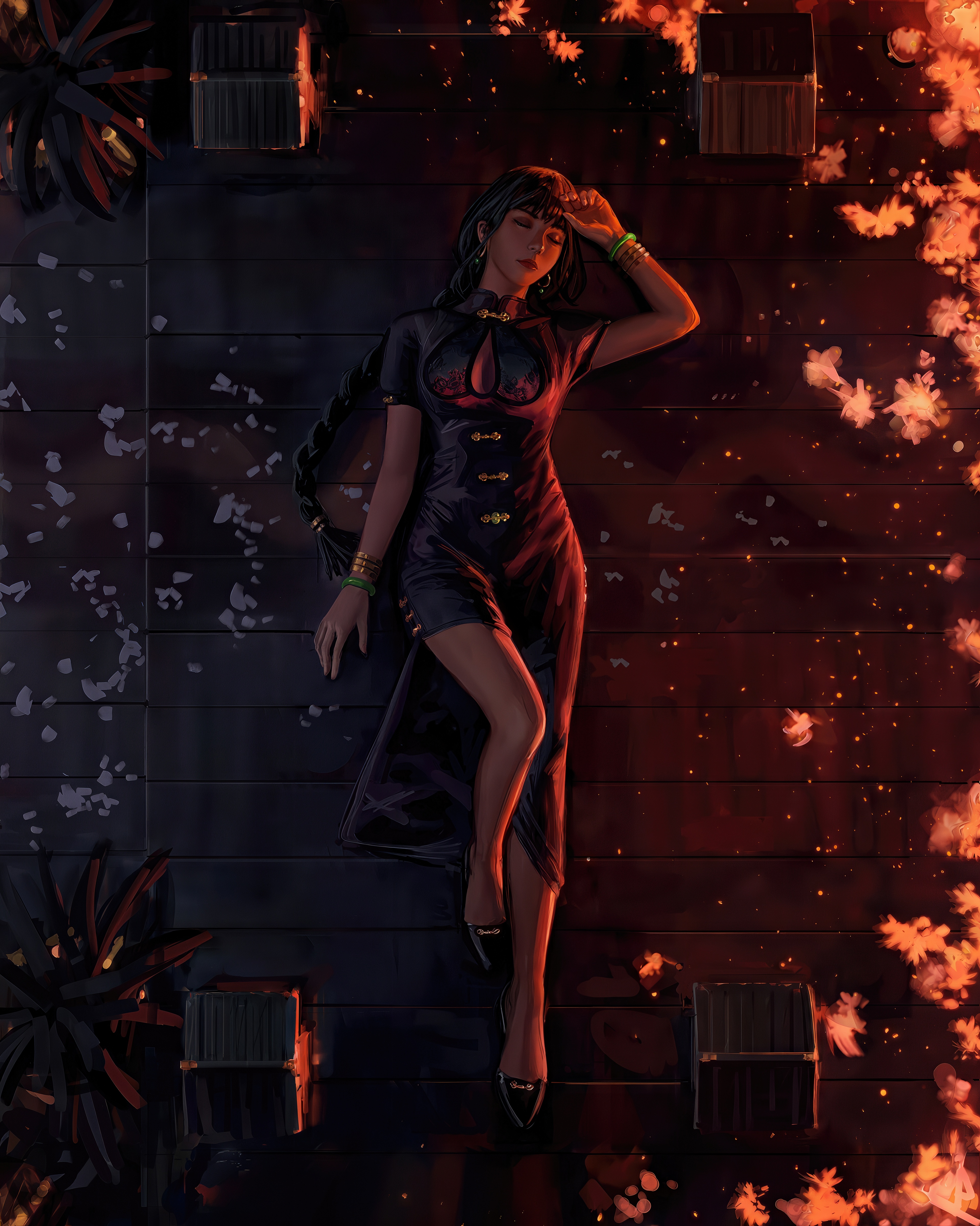 В лучах закатного солнца грациозно застыла девушка в чеонгсаме - воплощение восточной красоты среди танцующих лепестков.