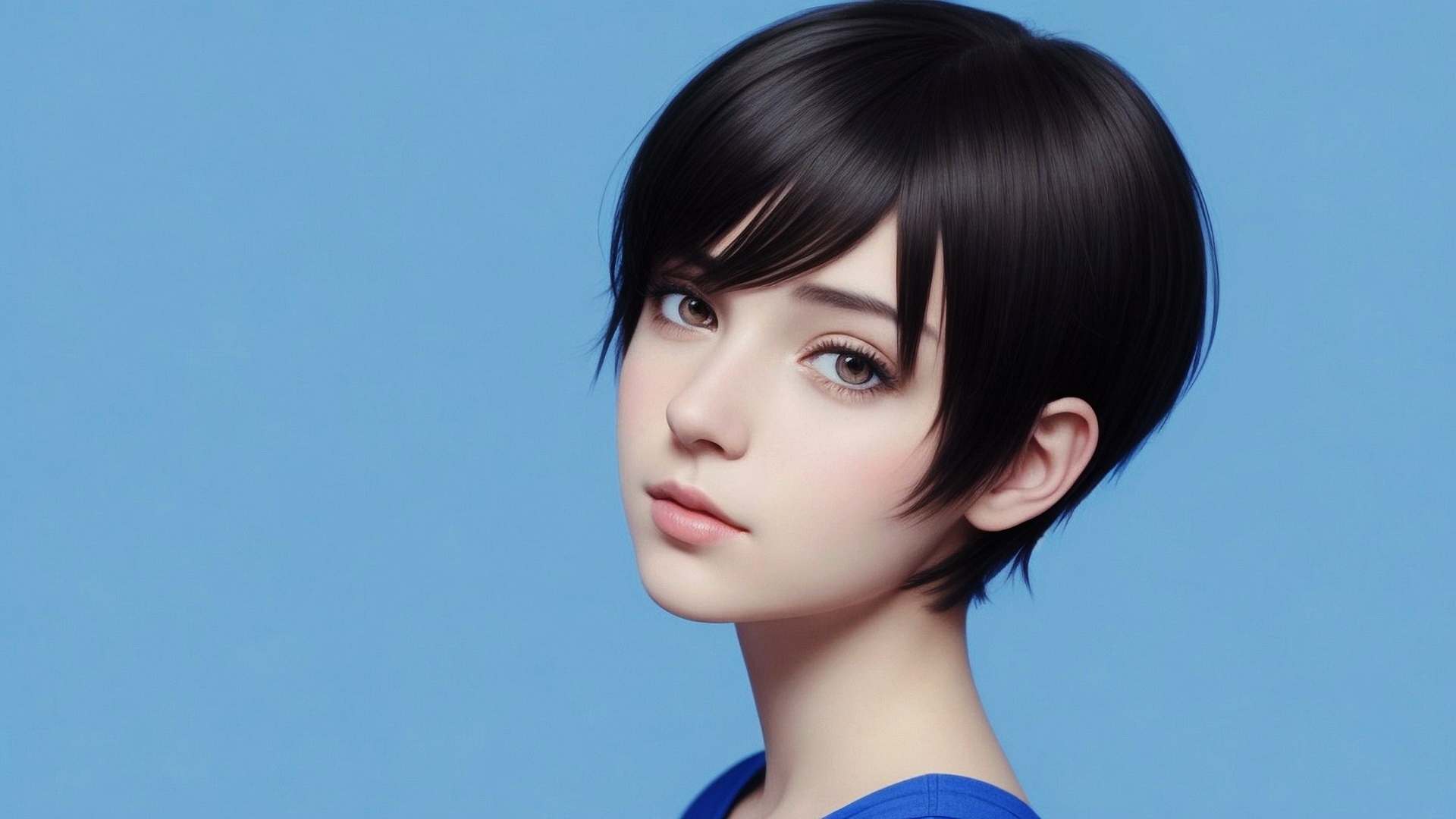 Portrait of a girl with short hair on a blue background