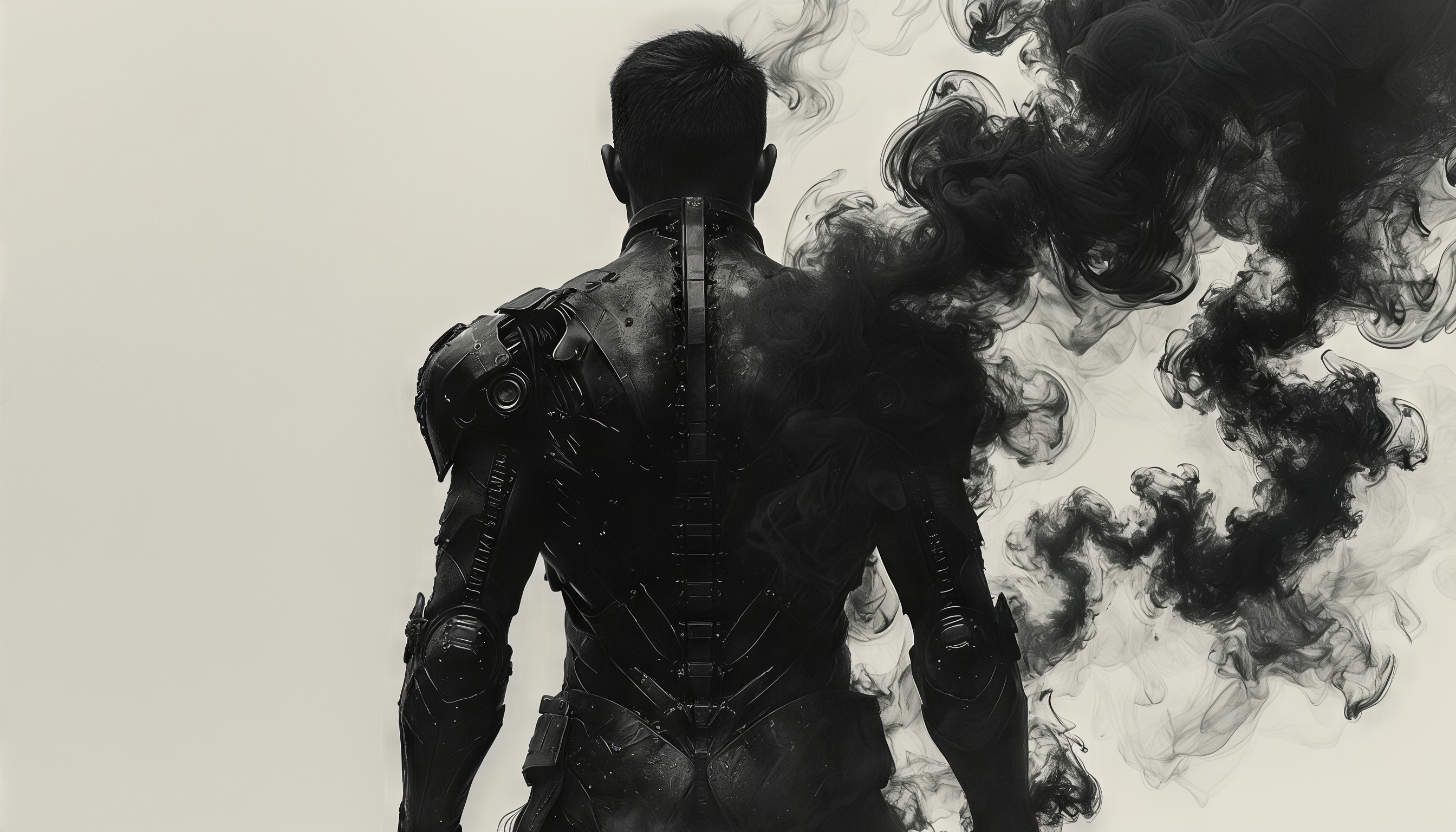 Человек в футуристическом костюме стоит спиной к зрителю, окруженный дымом на светлом фоне.