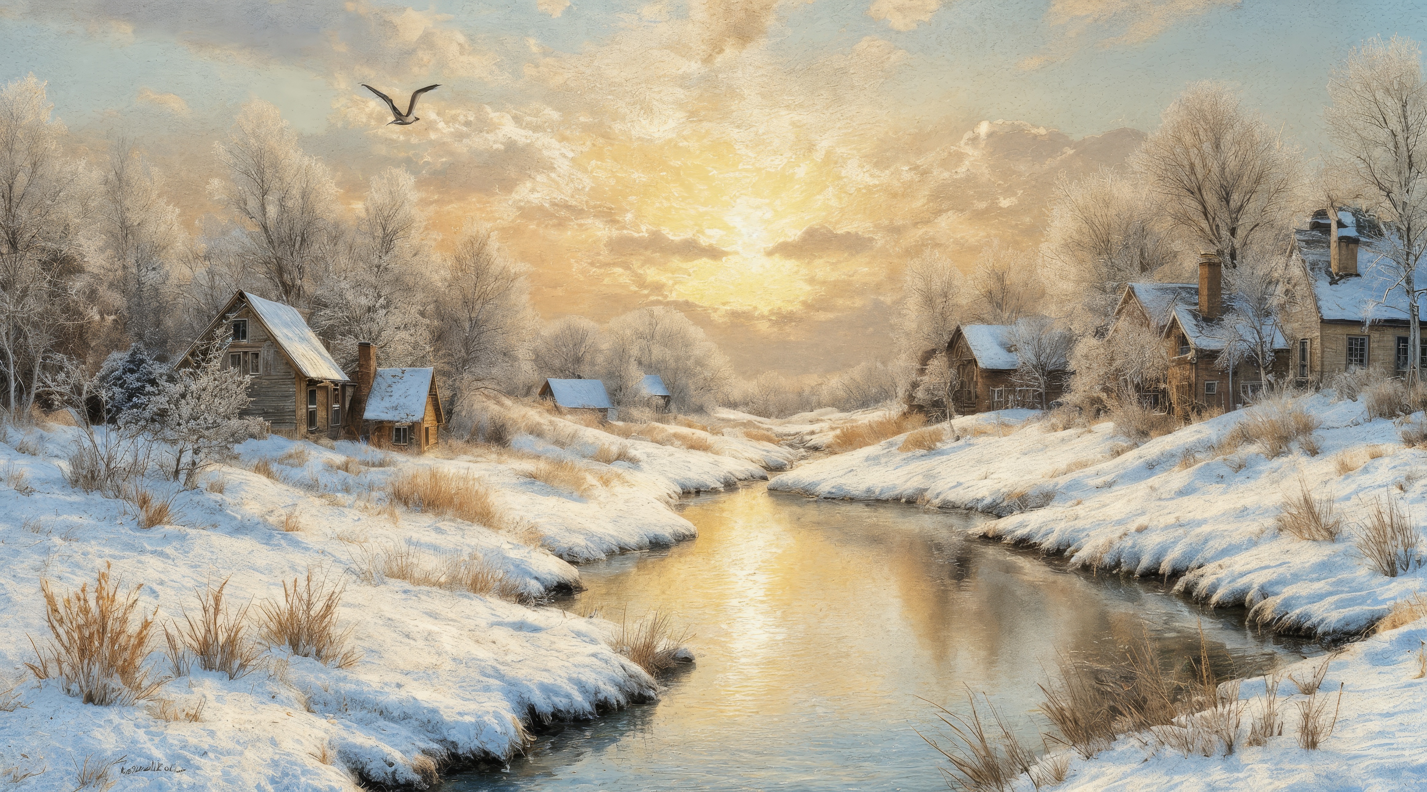 Бесплатное фото Зимний пейзаж с закатом и небольшим ручьем