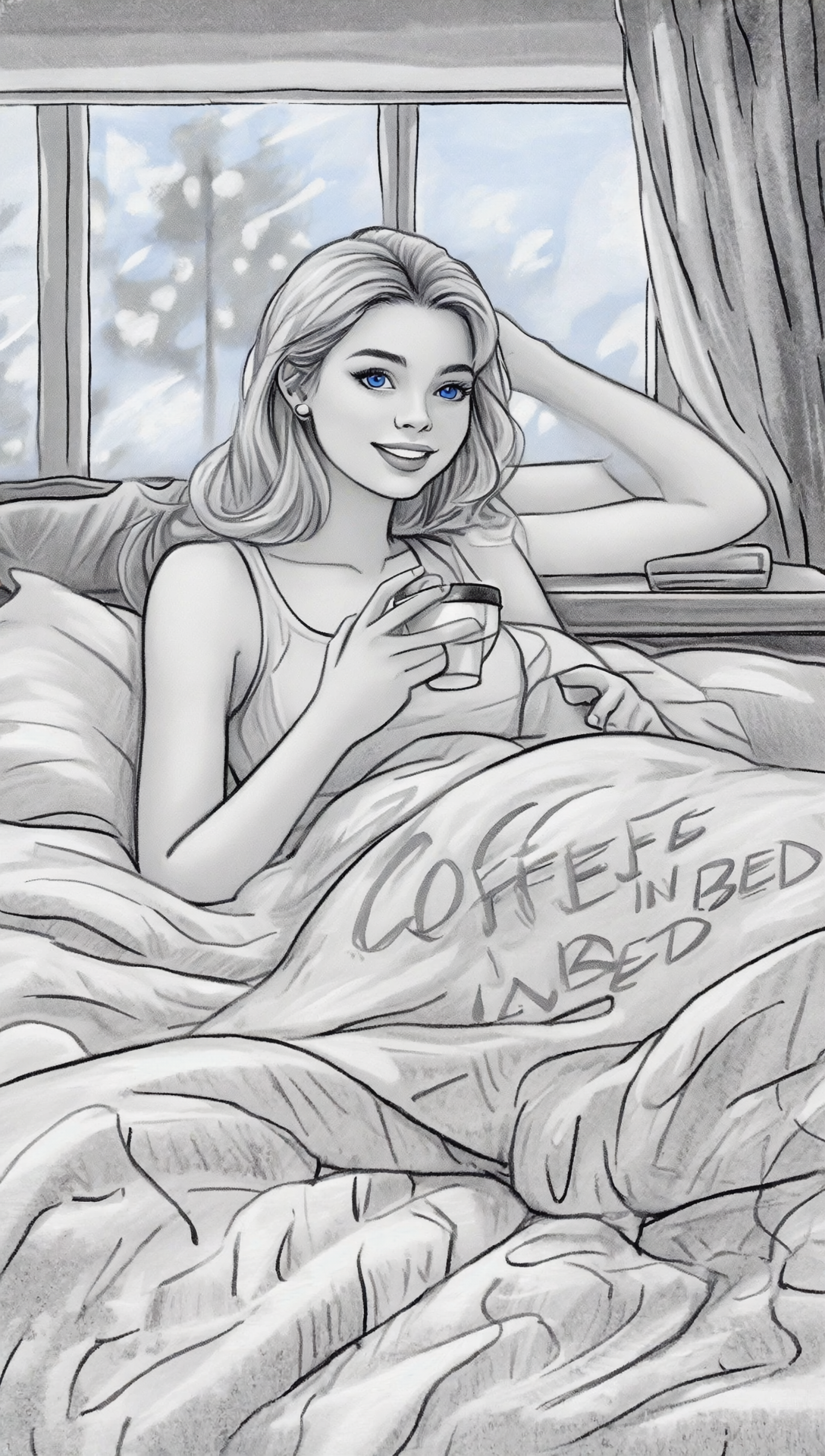 Бесплатная открытка Открытка на телефон, обои, пожелания на каждый день, кофе в постель молодой голубоглазой блон