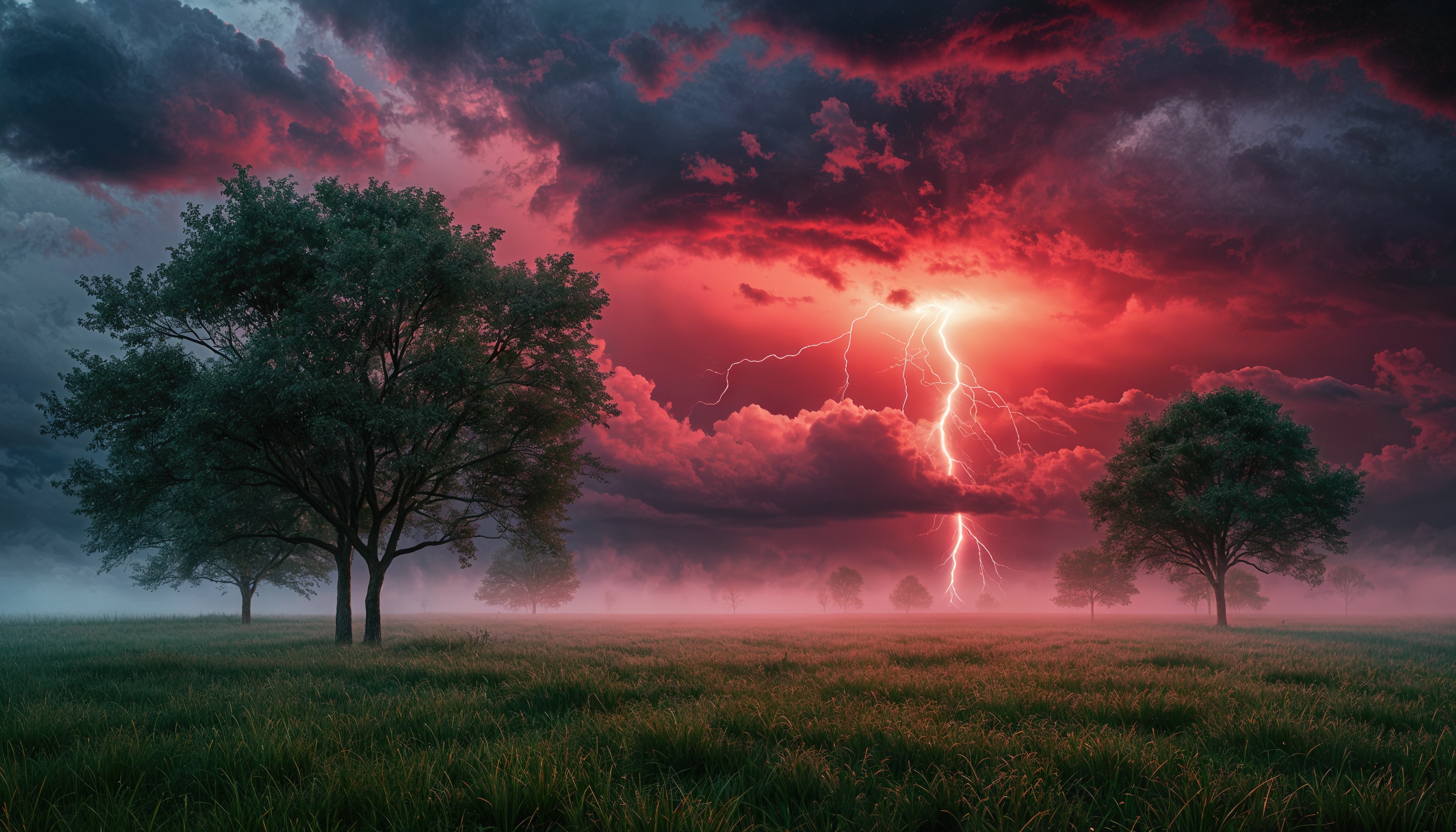 Бесплатное фото Деревья на фоне пышного зелёного луга, скрытого в дымке, под грозовым небом, где сверкают молнии.