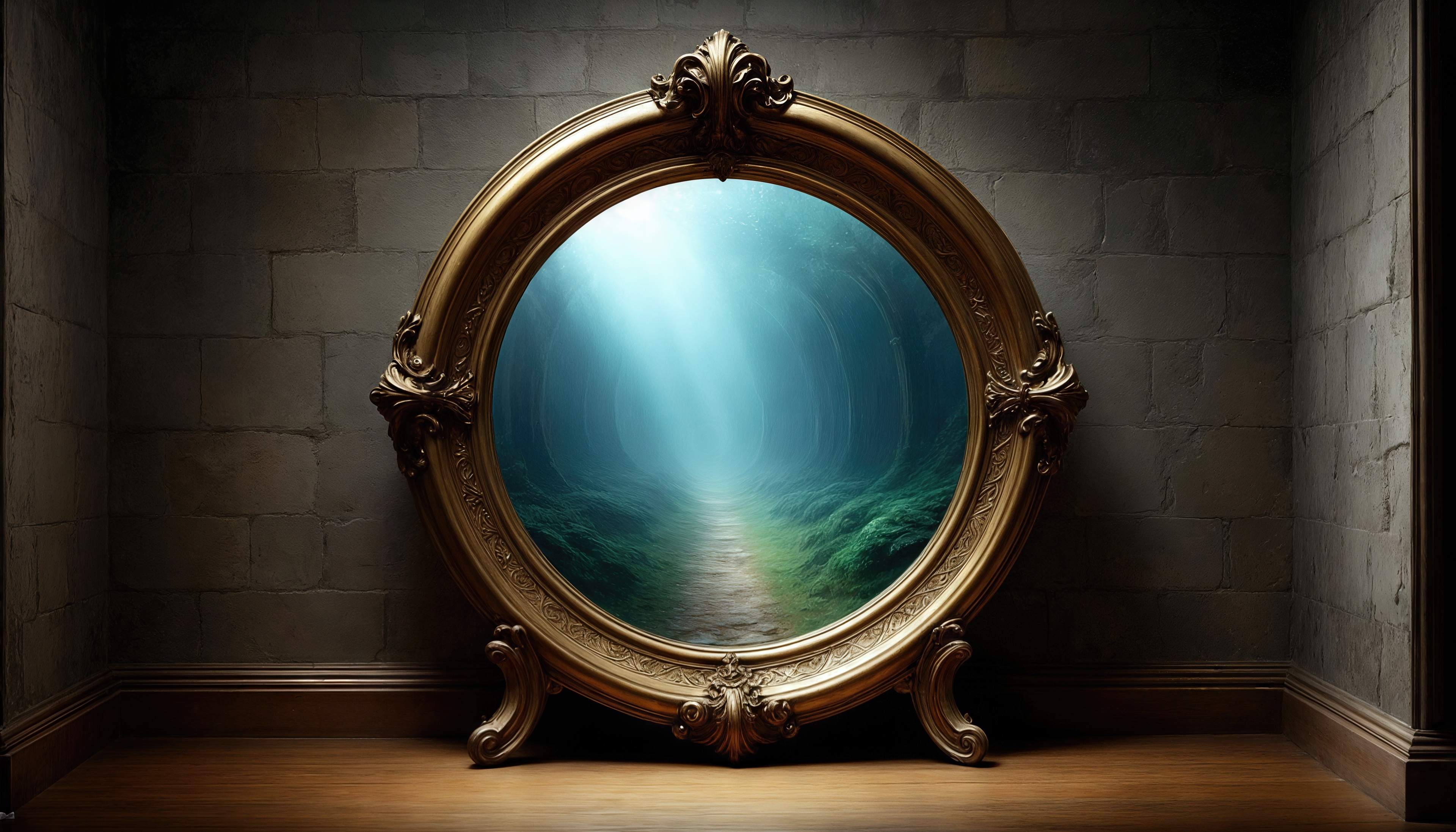 Free photo A magic mirror in an antique frame opens a portal to an enchanted forest.
