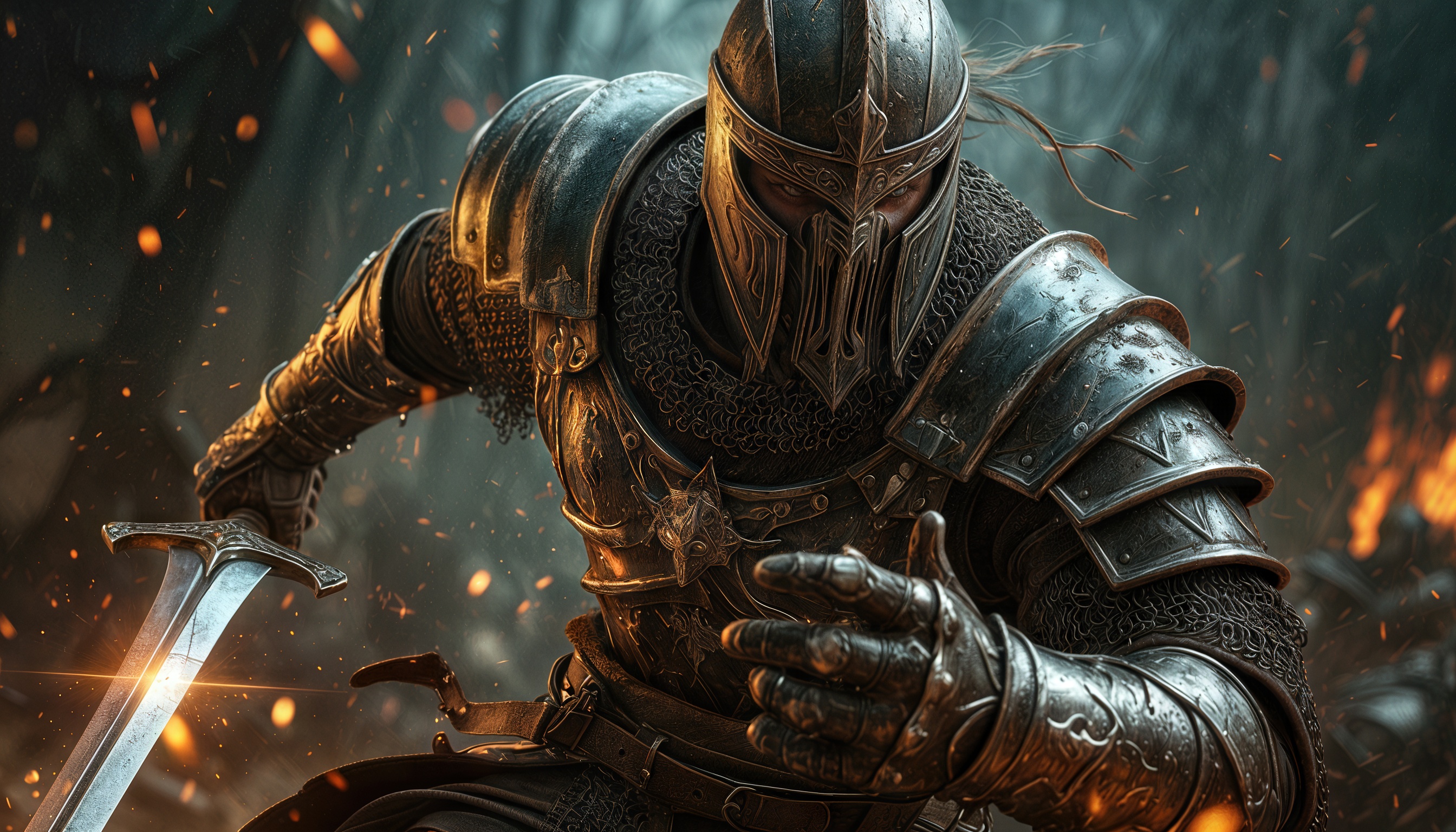 Бесплатное фото Воин в доспехах и с клинком стремительно движется в эпицентре сражения.