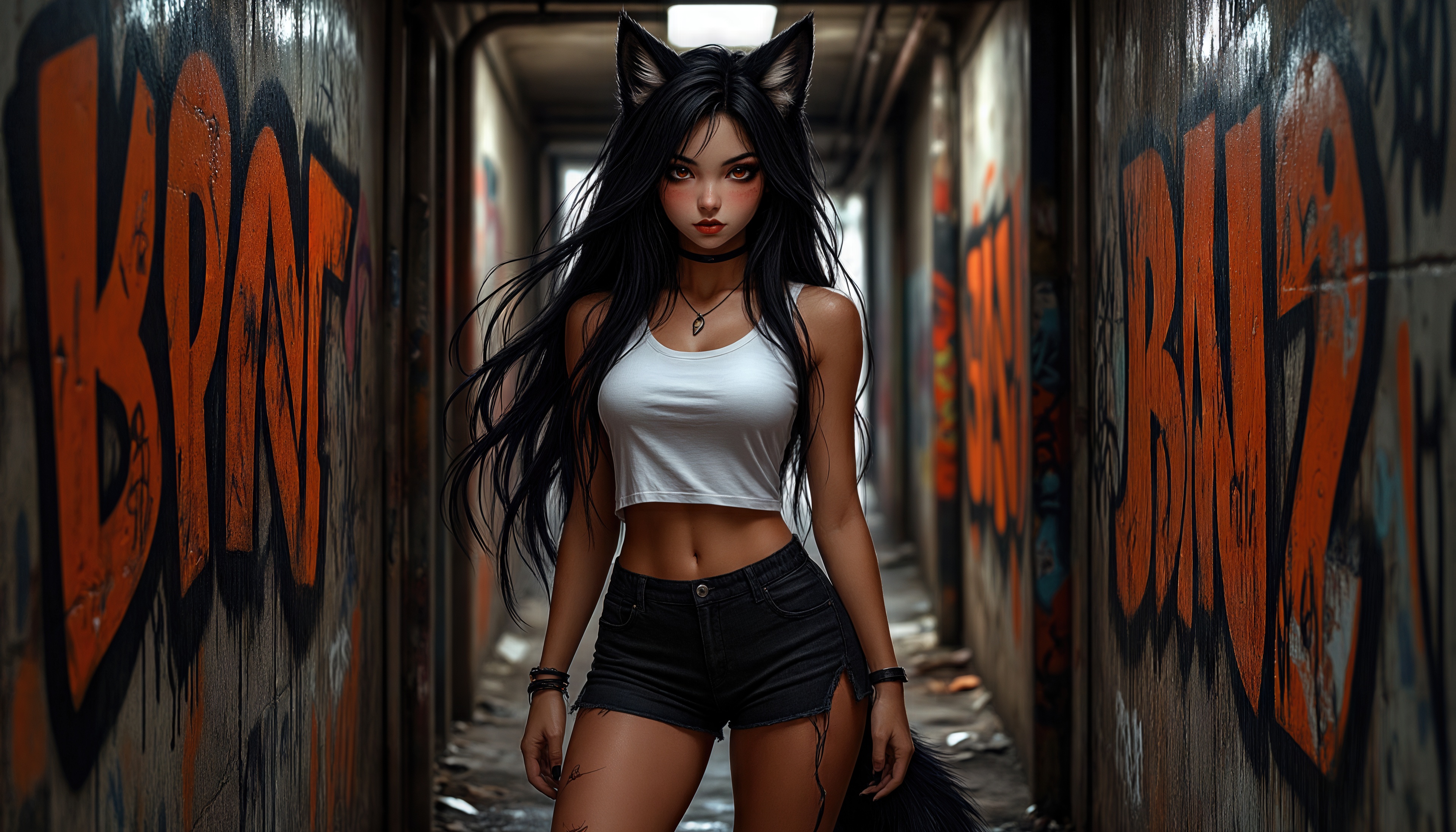 Бесплатное фото Девушка-кошка в переулке с граффити, взгляд полон дерзости.