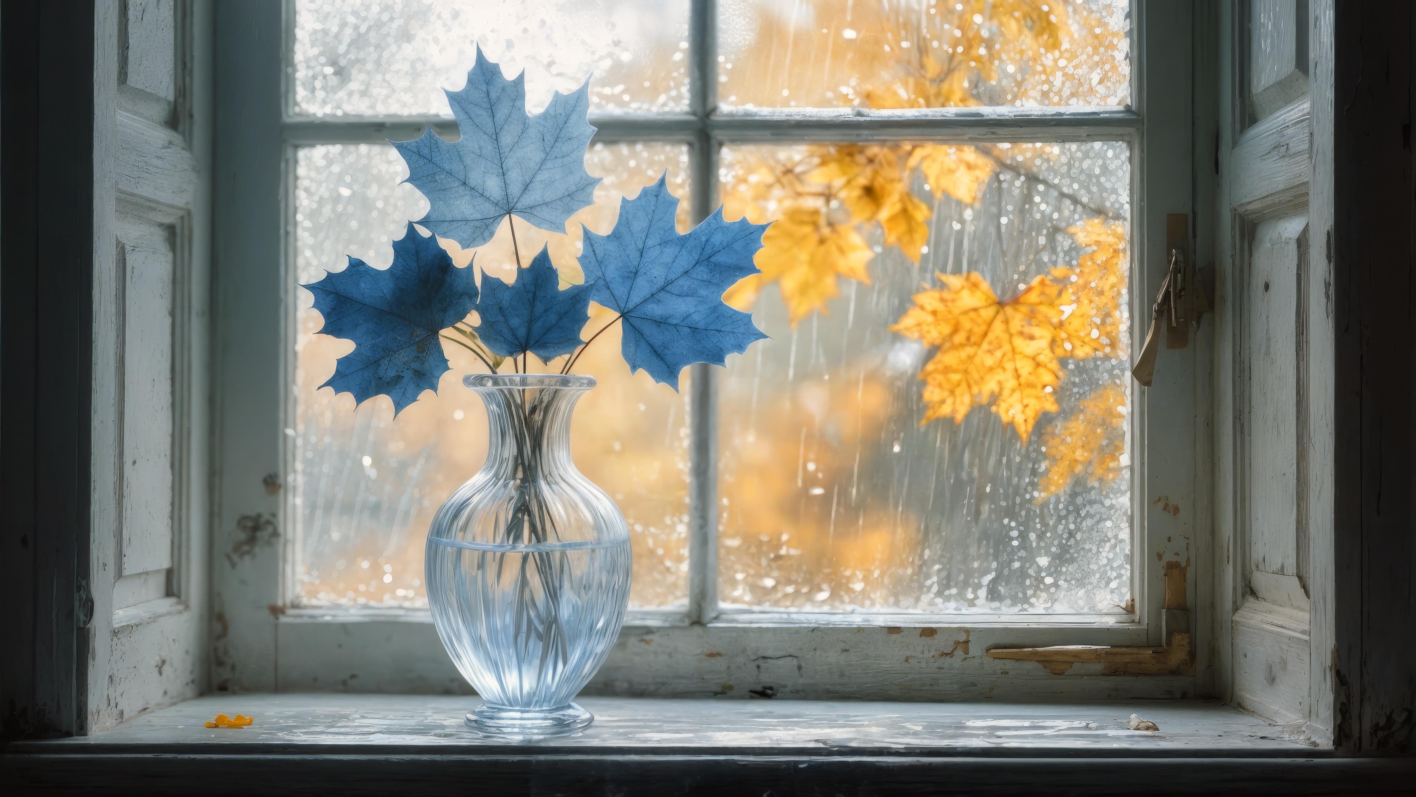 一个透明的花瓶，蓝色的花朵坐在窗台上