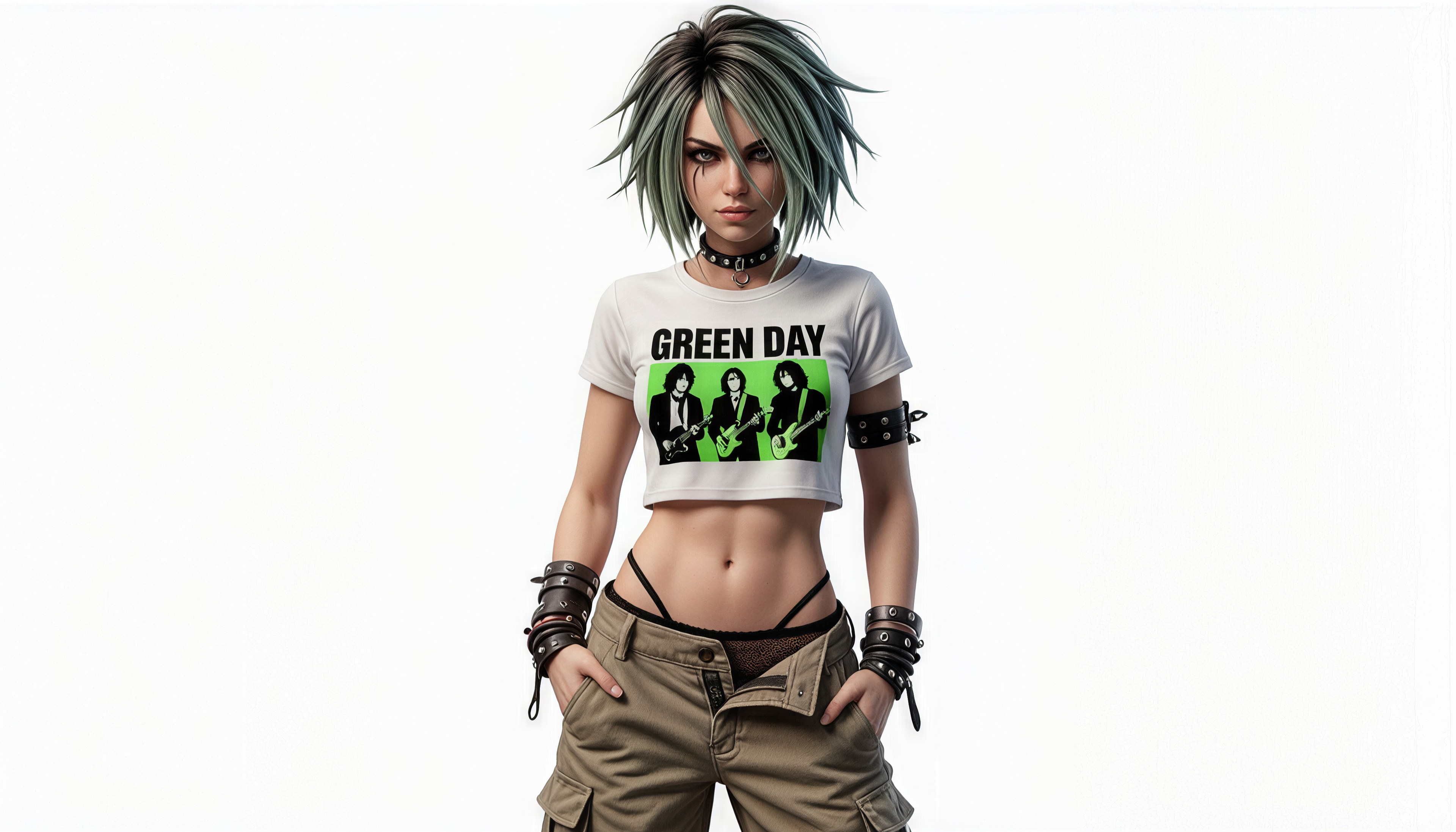 Free photo A cheeky rock`n`roll girl in a Green Day crop top and wide cargo pants on a pure white background.