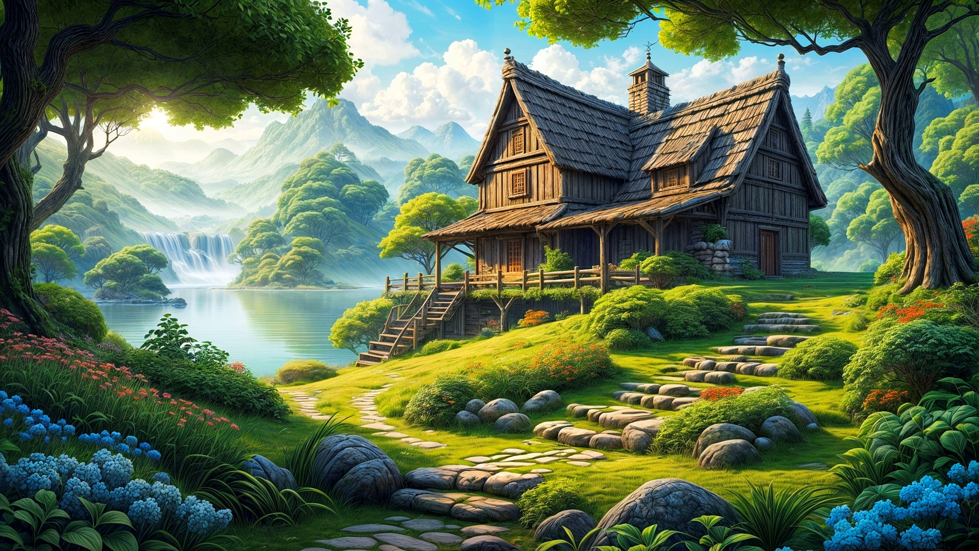 Лесной пейзаж и дом у воды