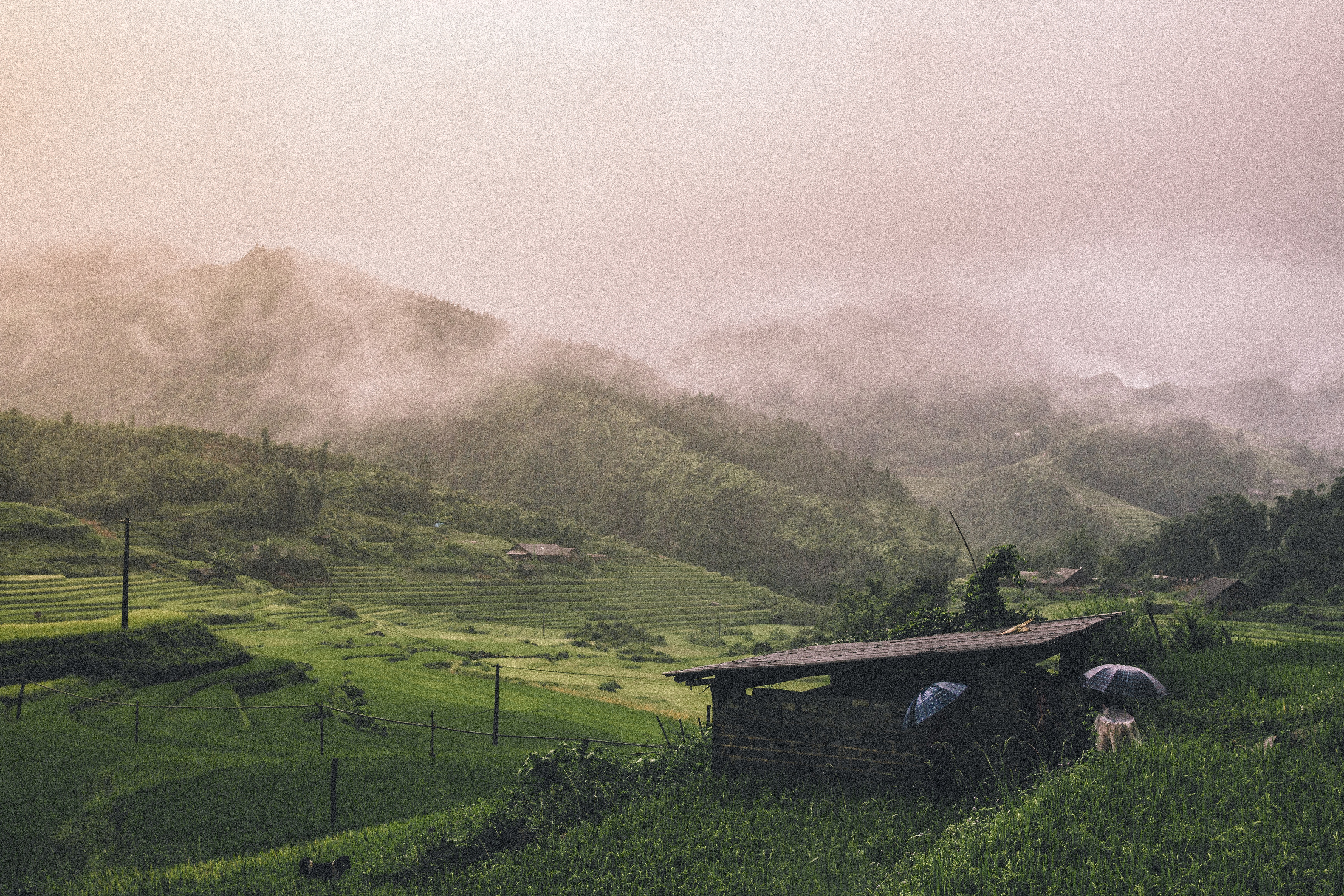 Free photo Rainy weather with fog in the valley with hills