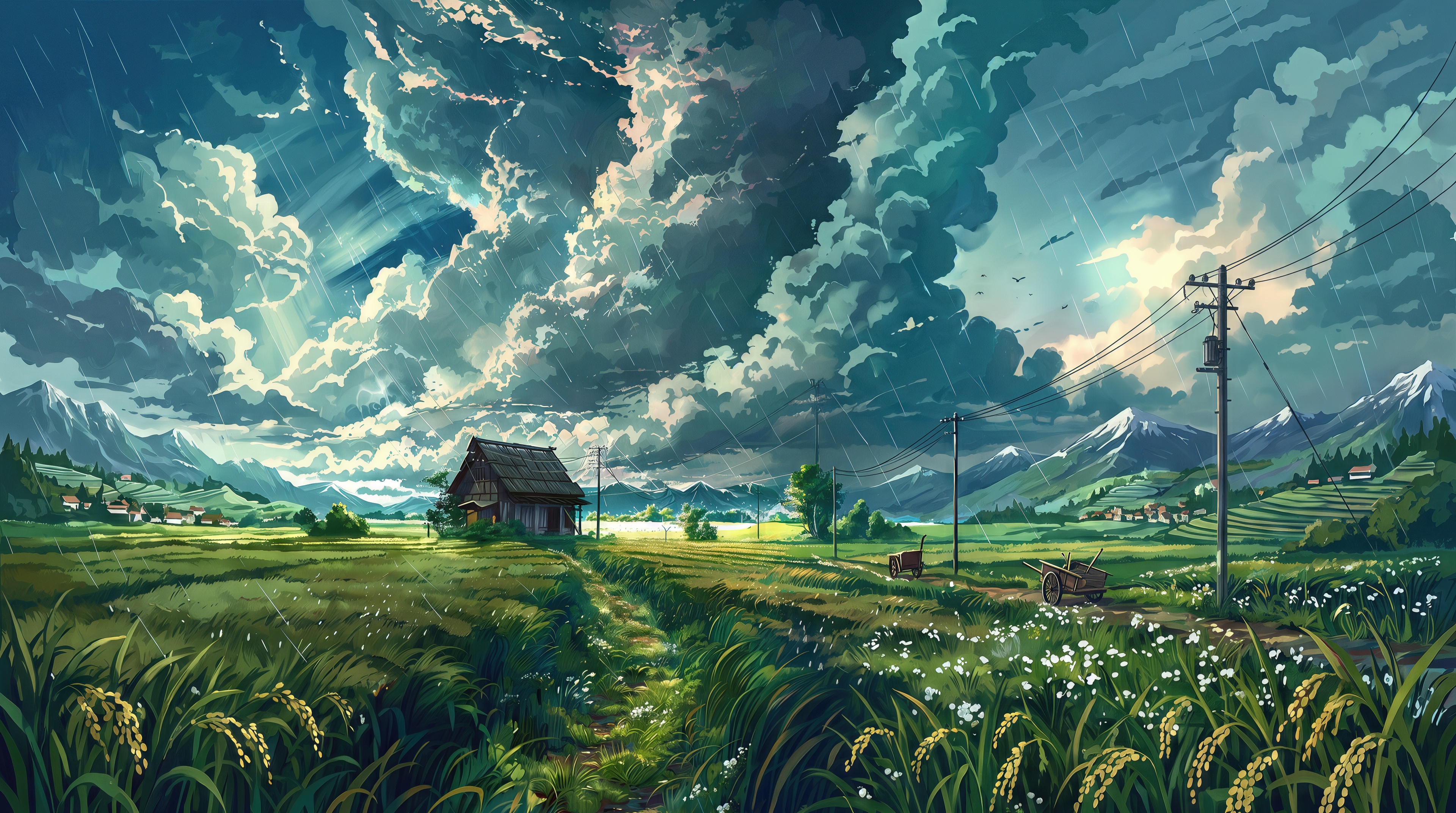 Free photo A picturesque summer rain over green rice fields and a lonely house under grand storm clouds.