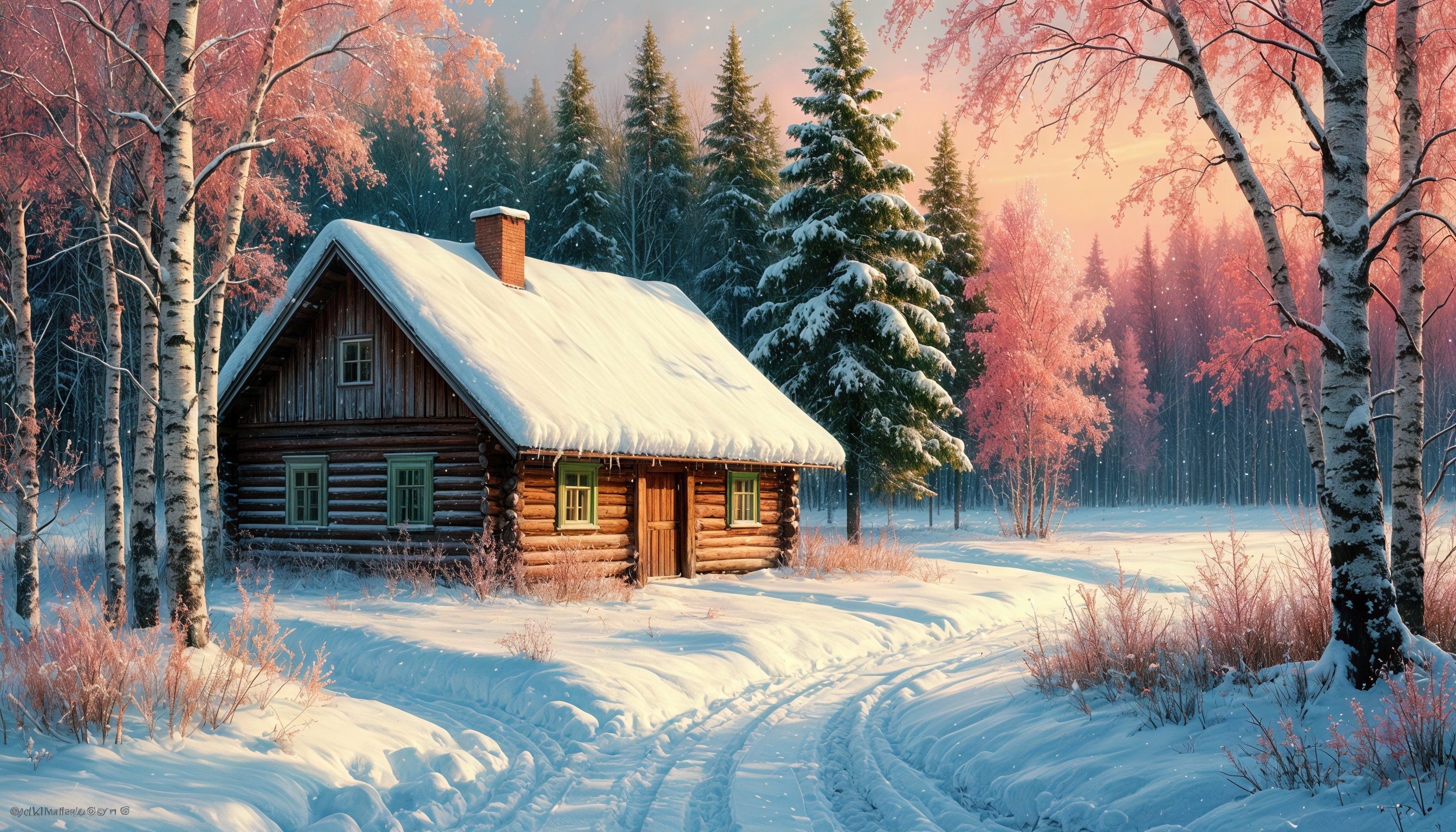 Бесплатное фото Уютный деревянный домик в заснеженном лесу на закате.