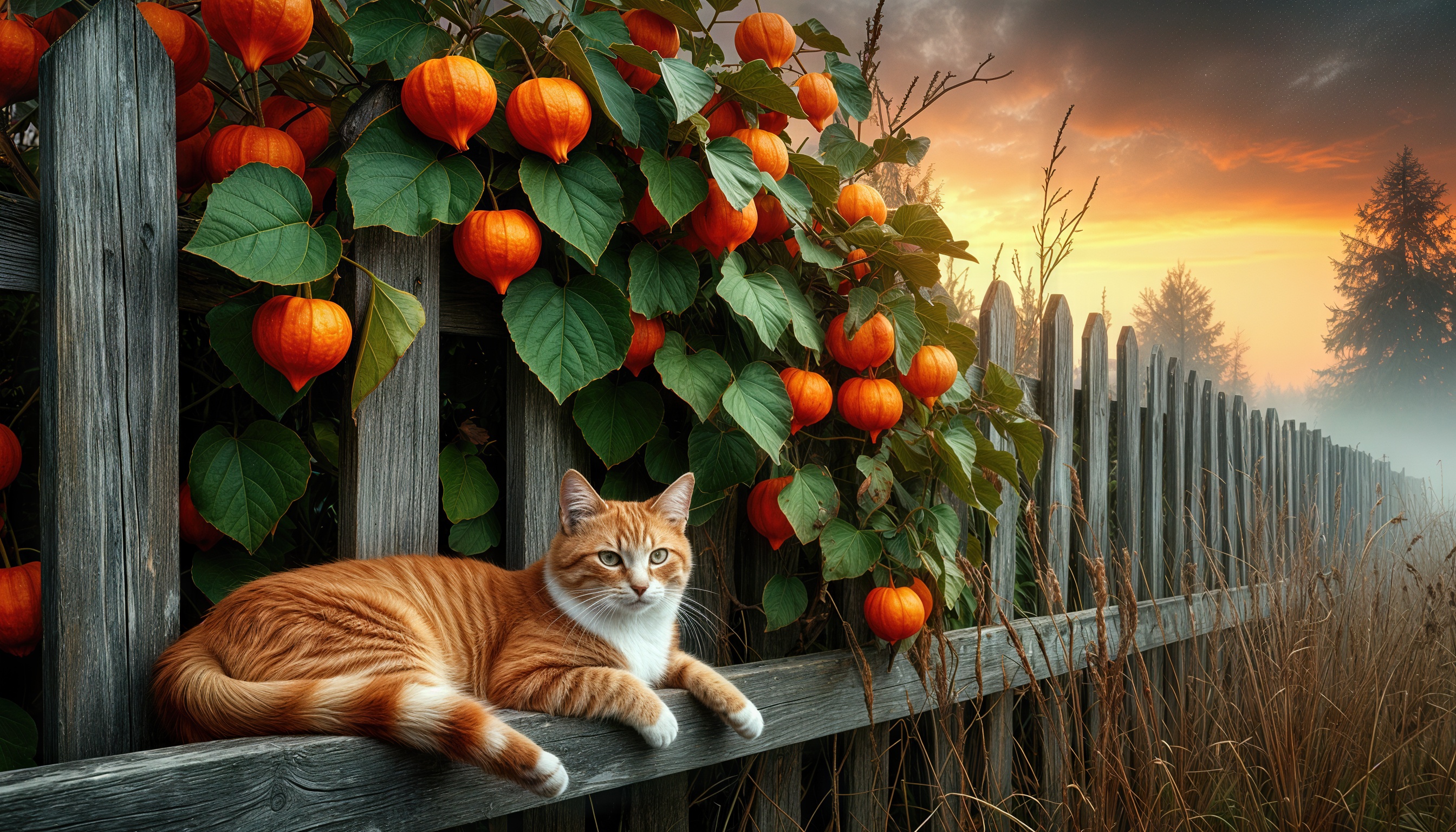 Бесплатное фото Рыжий кот на заборе с физалисом, осенний пейзаж на закате.