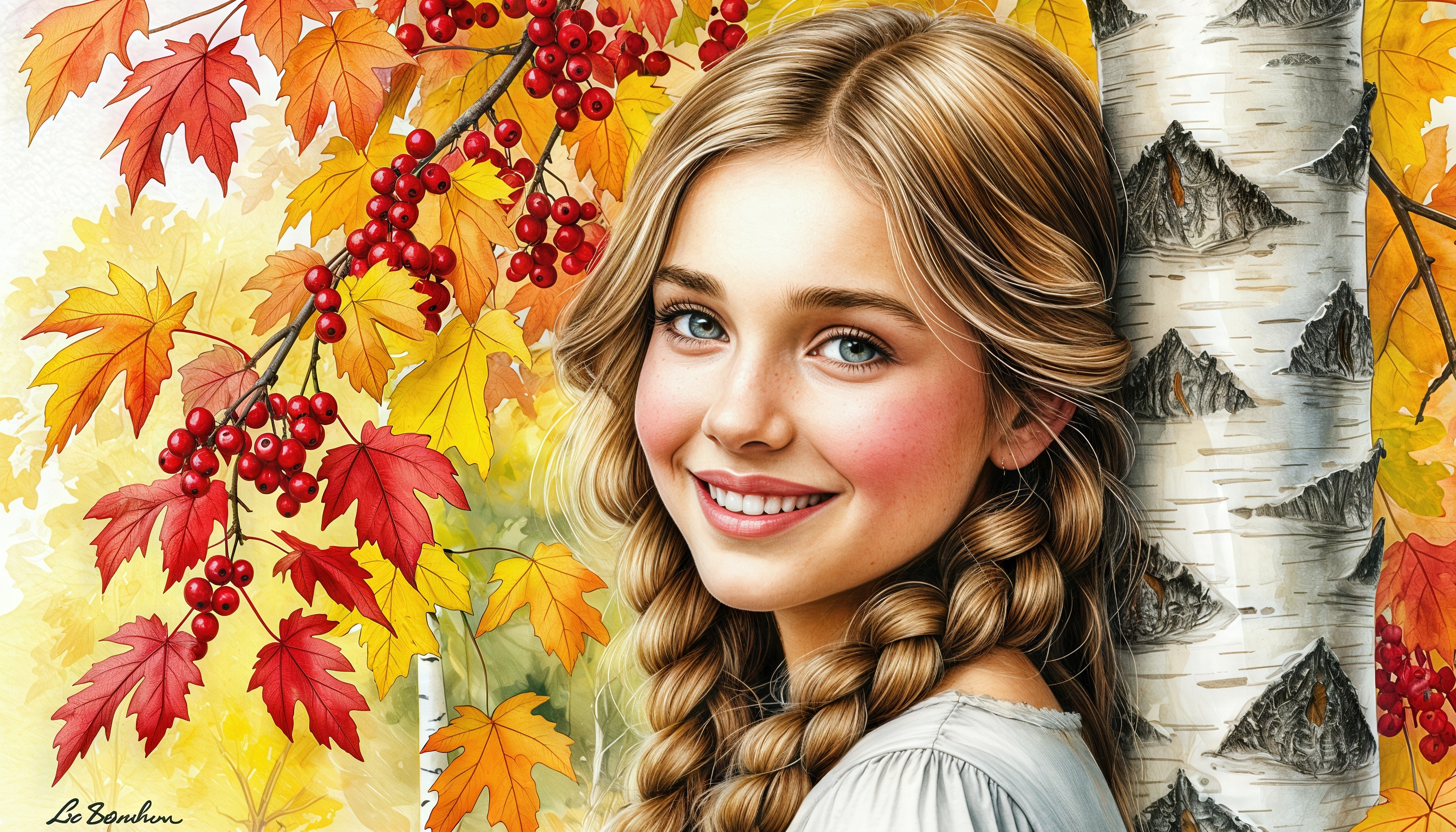 免费照片一个扎着辫子的女孩在秋叶和白桦树的背景下微笑。