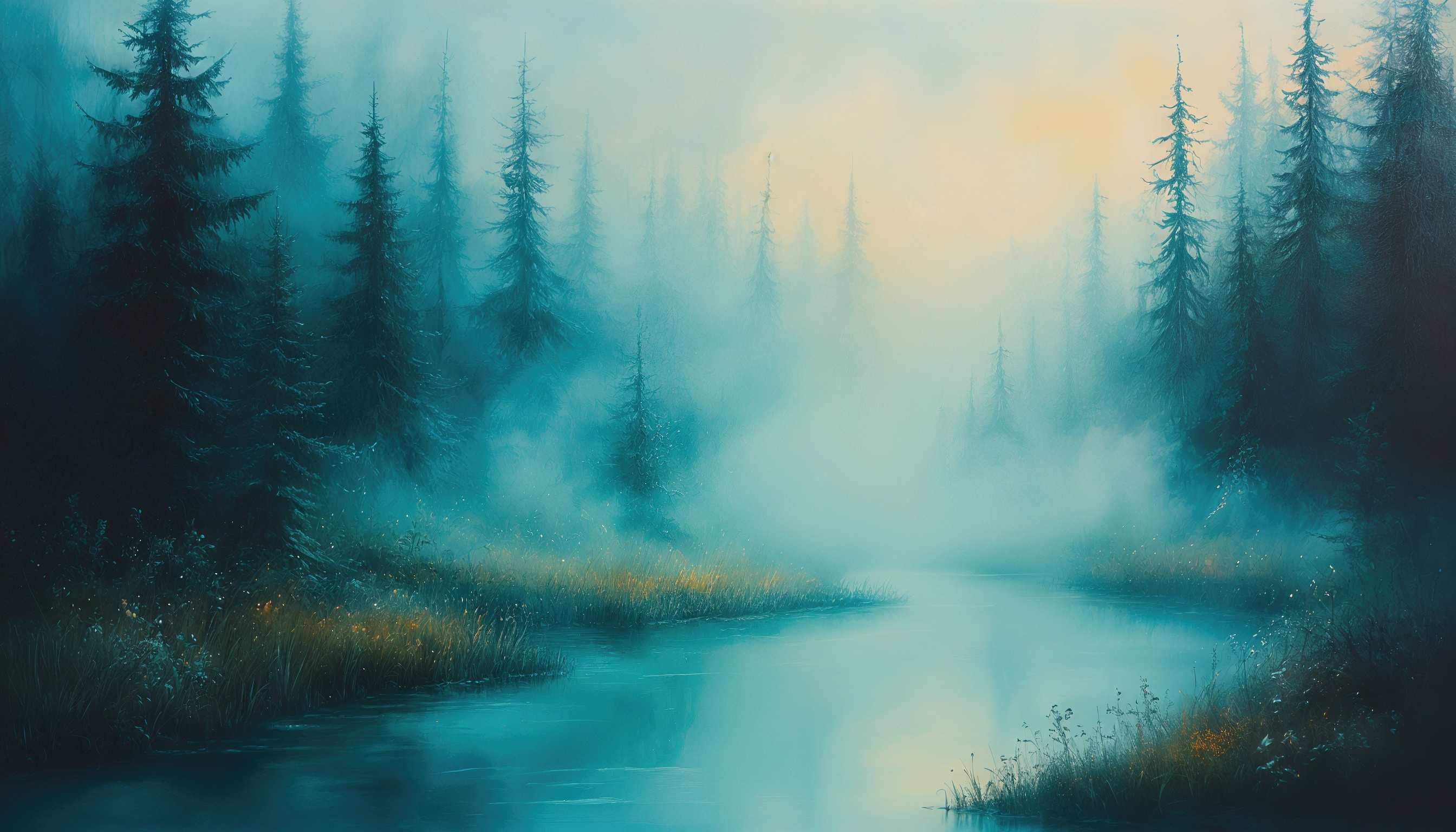 Бесплатное фото Туманное утро в лесу с рекой, отражающей деревья и небо, создает атмосферу спокойствия и умиротворения.