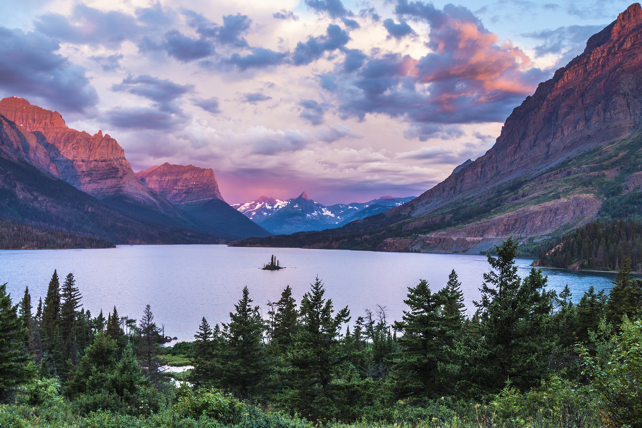 Wallpapers The island of Geese in the middle of the lake and St Mary s high mountain peaks in Glacier National Park Glacier National Park lake on the desktop