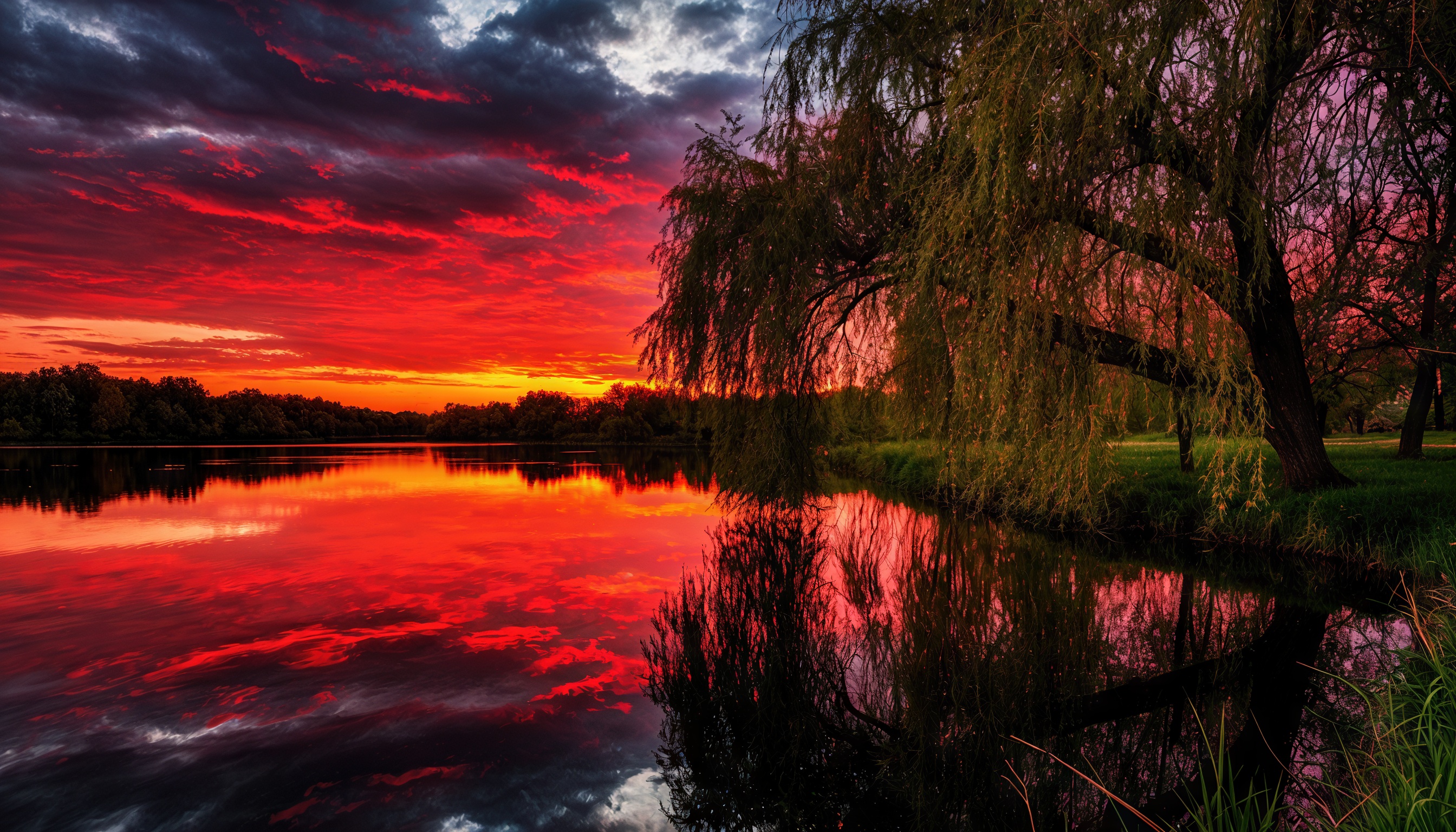 Бесплатное фото Ива, склоняющая свои ветви к воде, на фоне заката над рекой, отражённого в спокойной воде.
