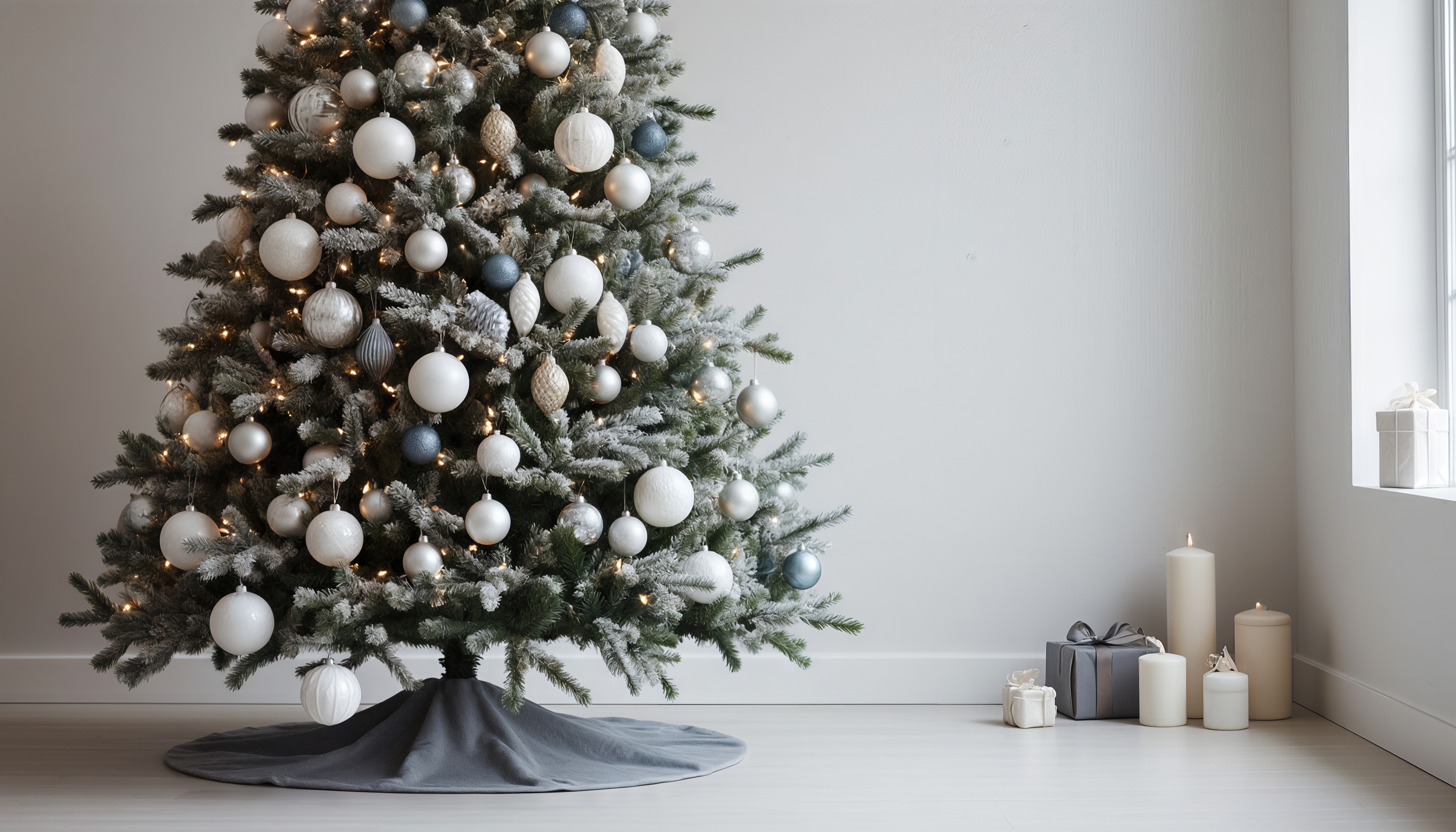 Бесплатное фото Ёлка в минималистичном стиле с серебристо-белыми игрушками.