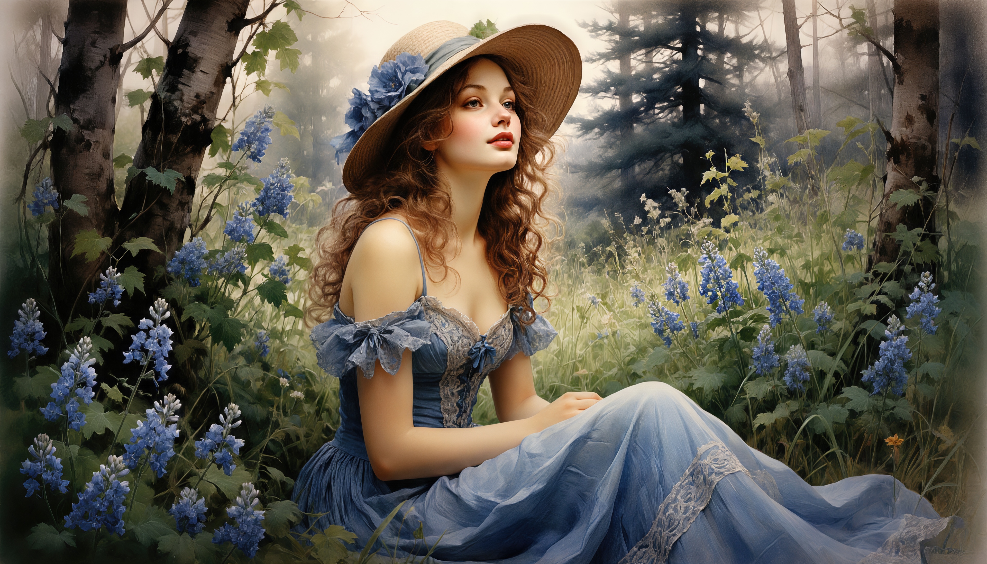 Бесплатное фото Девушка в голубом платье и шляпе с цветами сидит среди синих соцветий в лесу, задумчиво глядя вдаль.