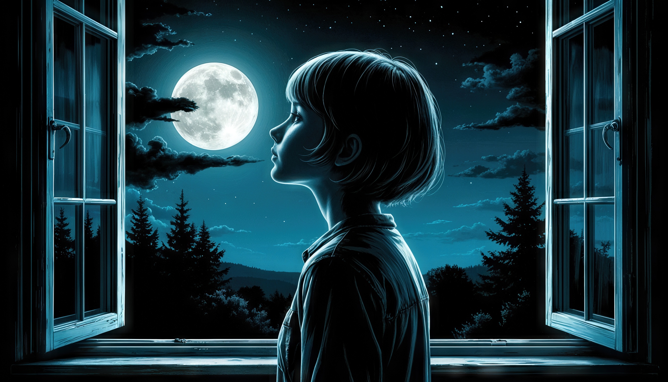 Бесплатное фото Девушка стоит возле открытого окна и задумчиво наблюдает за луной.