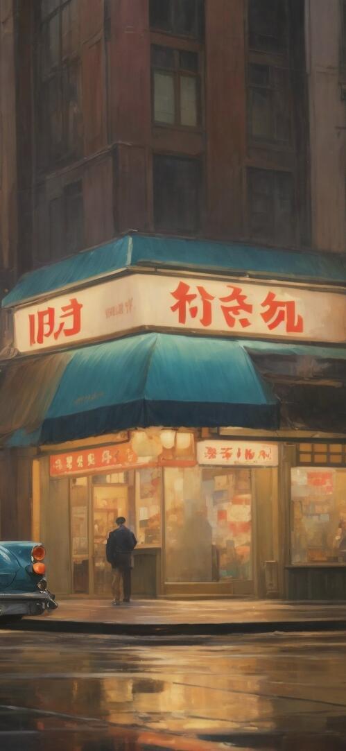 Free photo An artist`s painting depicting a city in a rainstorm