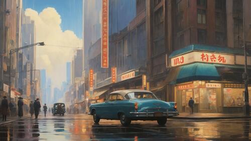 Free photo An artist`s painting depicting a city in a rainstorm