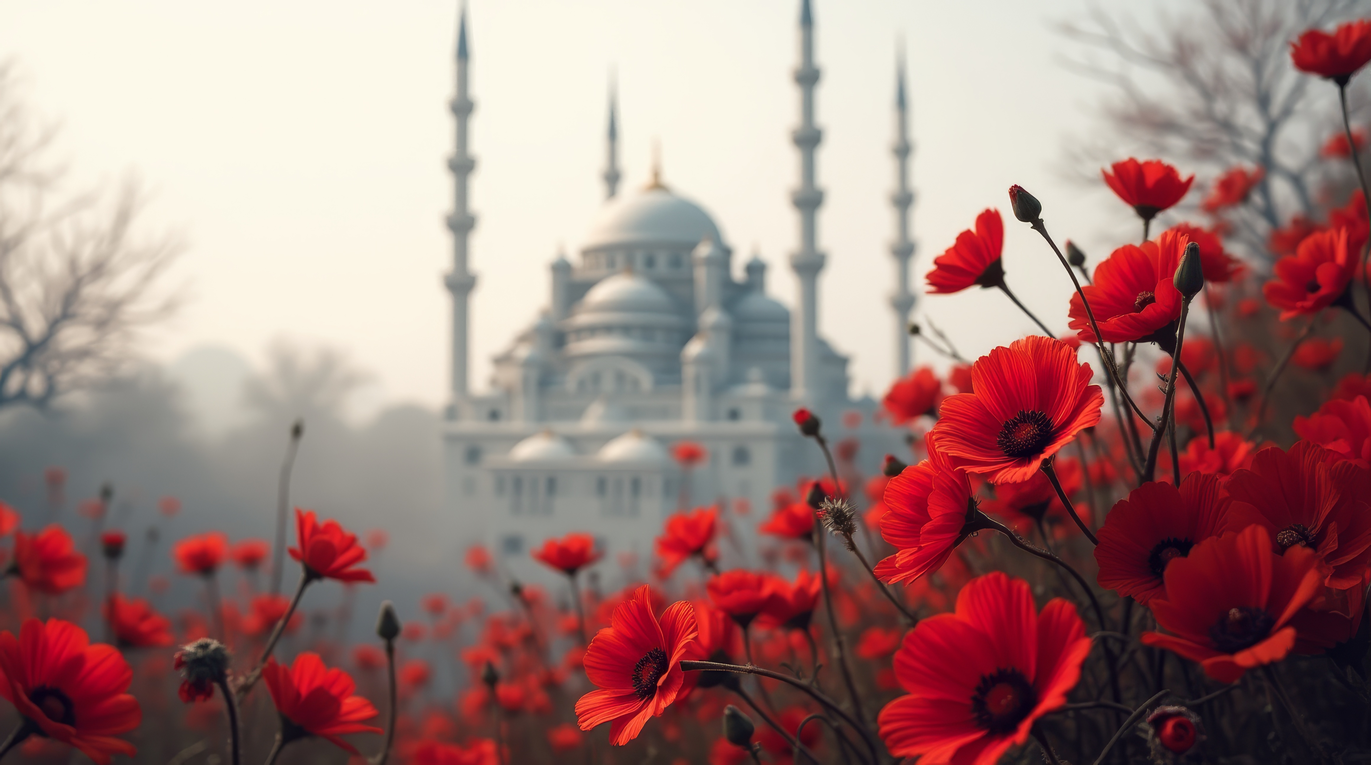 Красные цветы перед зданием