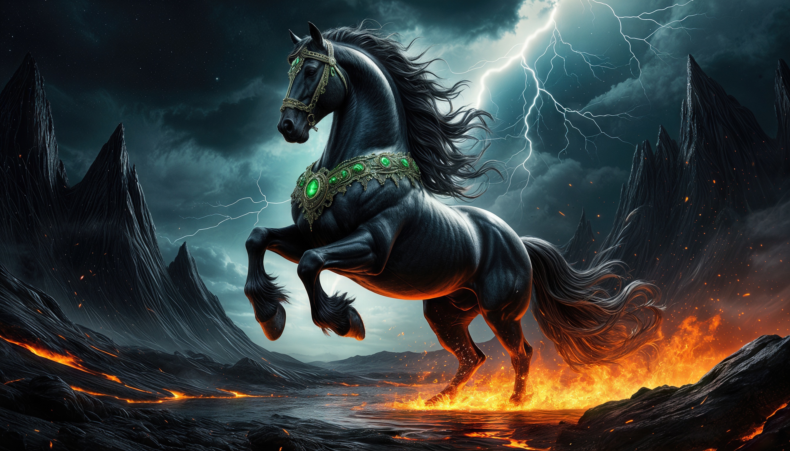 Сивка-бурка, вещая каурка, на огненной земле в стиле фэнтези среди гор.