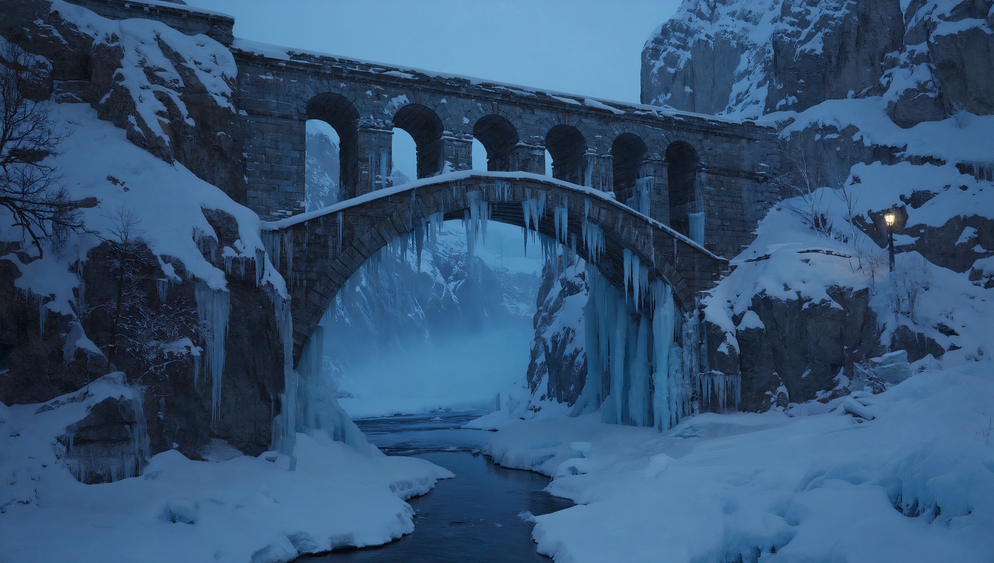 免费照片桌面壁纸，冬季雪景，黎明，冰柱上的维耶夫河大桥